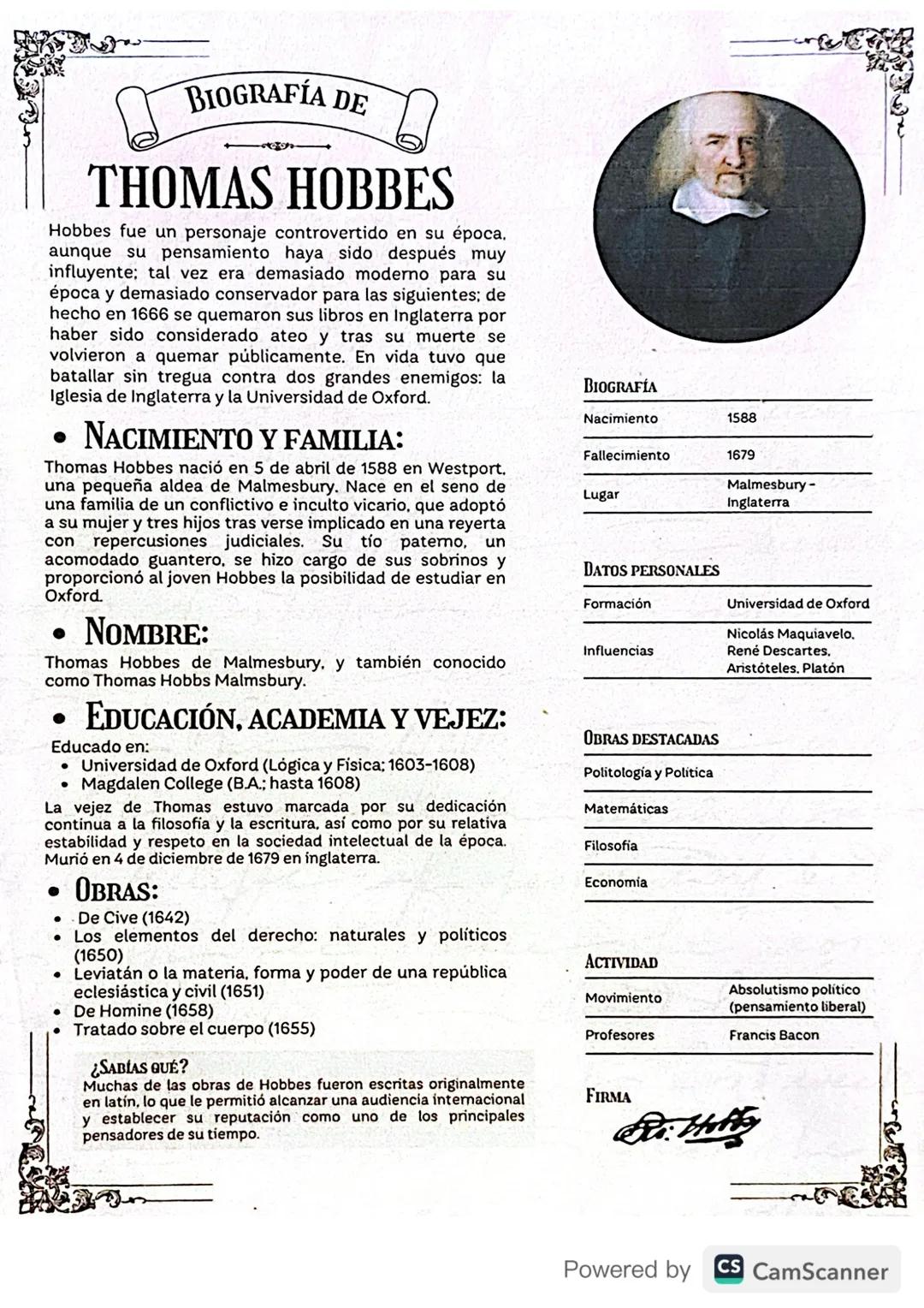 BIOGRAFÍA DE
THOMAS HOBBES
Hobbes fue un personaje controvertido en su época.
aunque su pensamiento haya sido después muy
influyente; tal ve