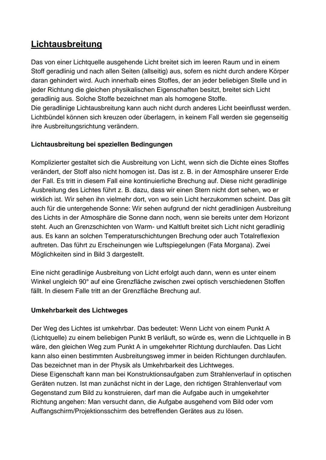 # Lichtausbreitung
Das von einer Lichtquelle ausgehende Licht breitet sich im leeren Raum und in einem
Stoff geradlinig und nach allen Seit