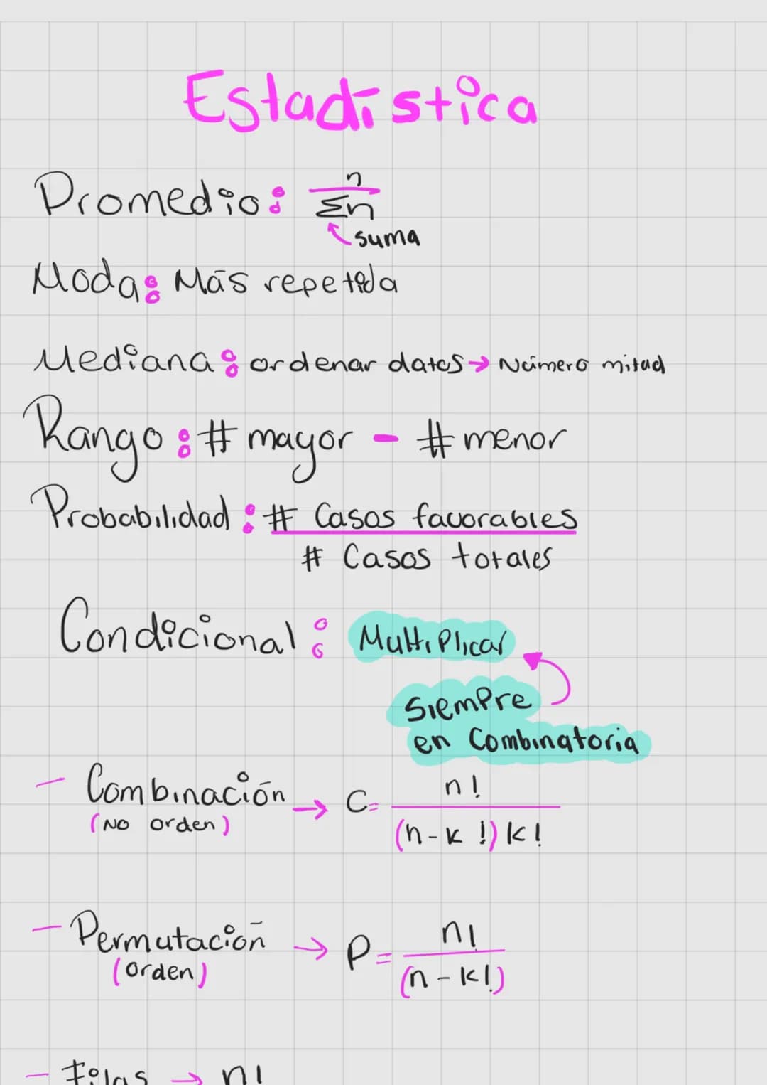 # Estadistica
Promedio: $\frac{\Sigma n}{n}$
suma
- Moda: Más repetida
- Mediana: ordenar datos $\rightarrow$ Número mitad
- Rango: # mayo