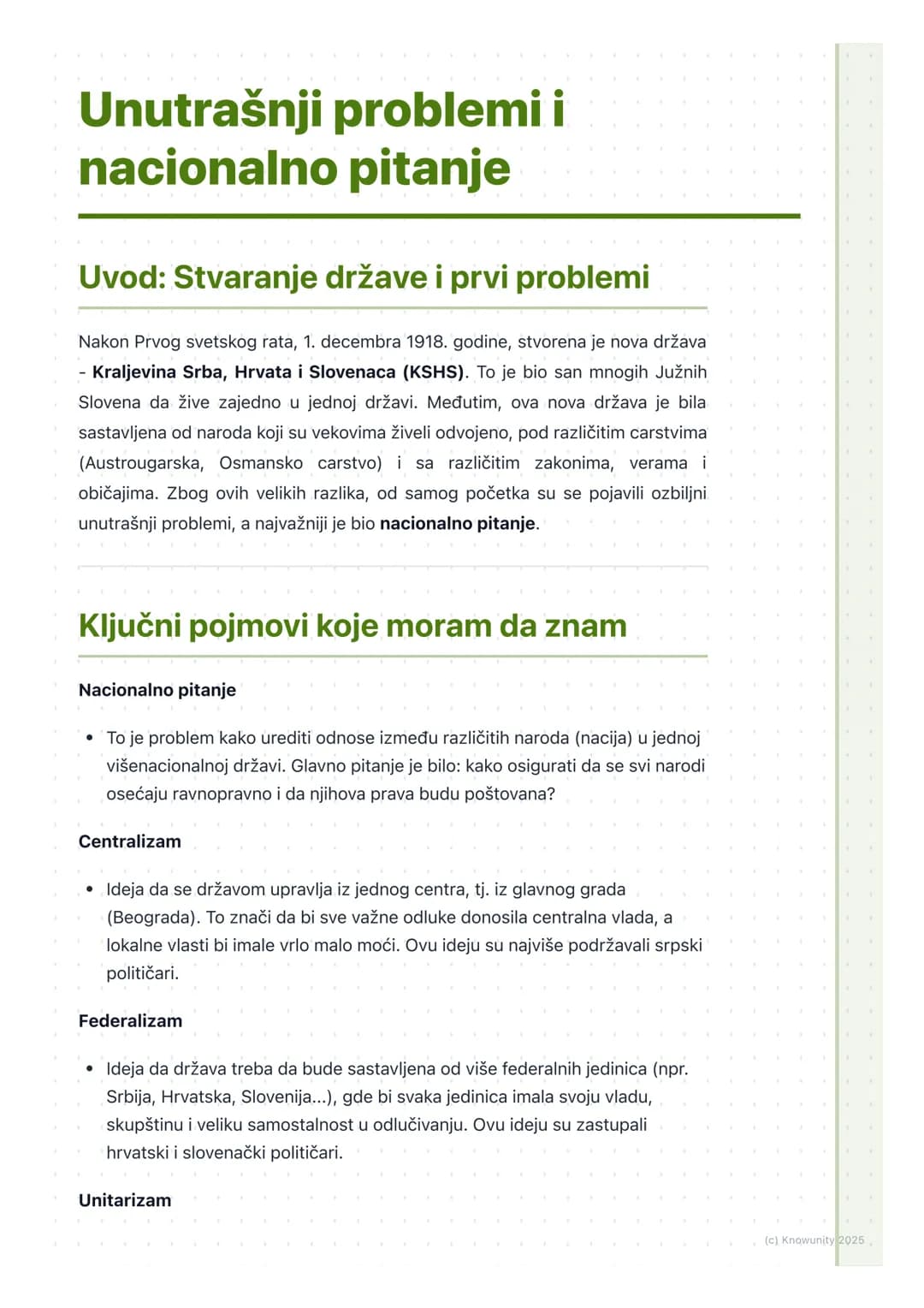 # Unutrašnji problemi i
nacionalno pitanje
Uvod: Stvaranje države i prvi problemi
Nakon Prvog svetskog rata, 1. decembra 1918. godine, stv