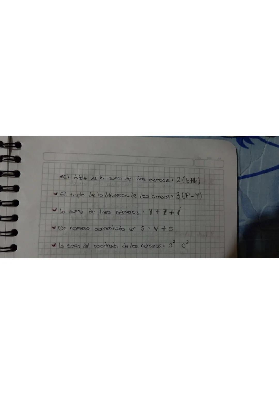 b
P
Algebraico
On nomero coalqolera
191
11
dla soma
de 2 nomeros =
b+Z
La diferencia de dos números - 1 - a
El prododo de dos números = 0. M