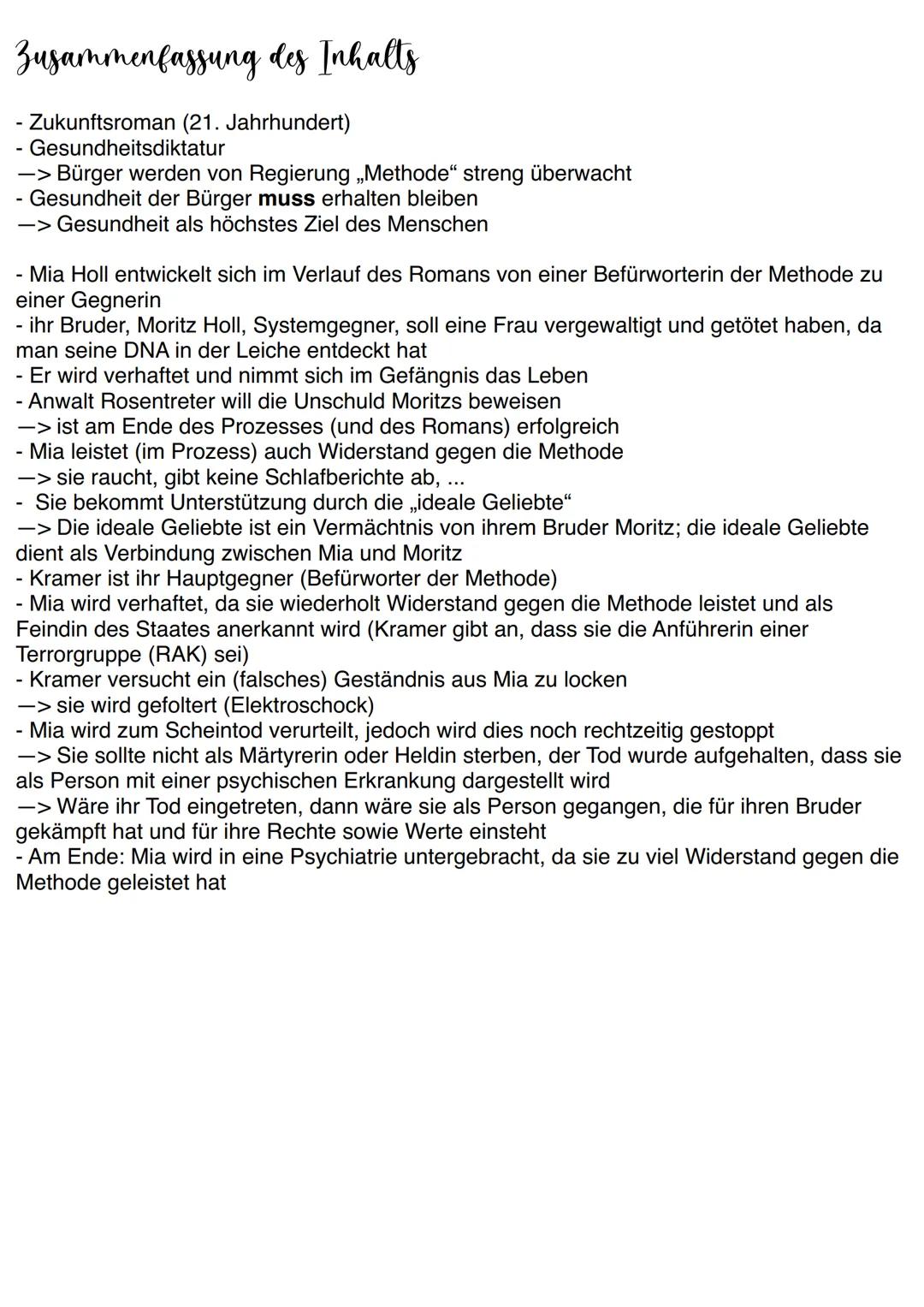 # Zusammenfassung des Inhalts
- Zukunftsroman (21. Jahrhundert)
- Gesundheitsdiktatur
- "> Bürger werden von Regierung „Methode" streng übe