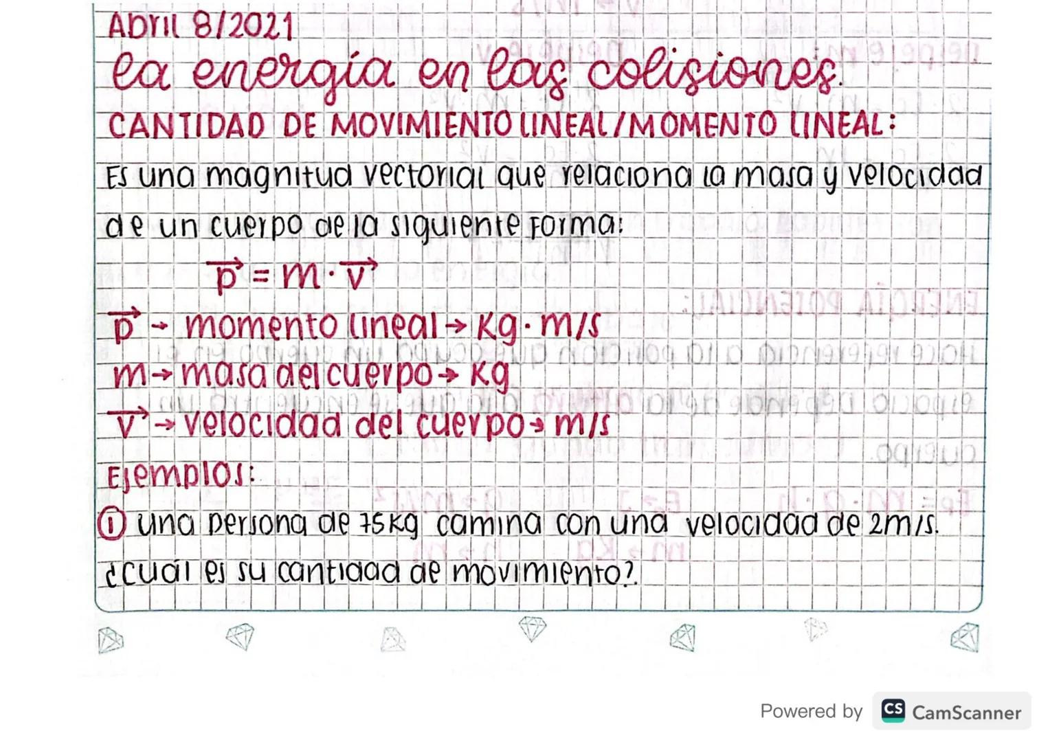 Abril 8/2021
la energía en las colisiones. ppp
CANTIDAD DE MOVIMIENTO LINEAL/MOMENTO LINEAL:
Es una magnitud vectorial que relaciona la m