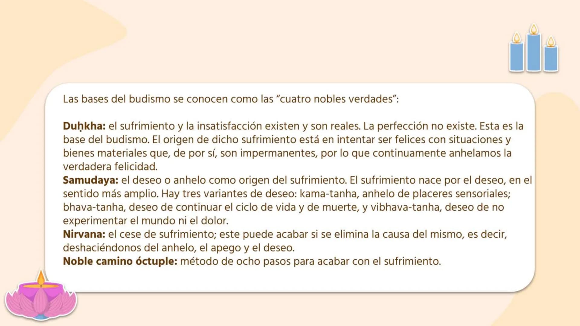 ## Tabla de contenidos
1. 01
¿Que es?
2. 02
¿Qué tipo de
religión es?
3. 03
Creencias
4. 04
Tipos de
budismo
5.