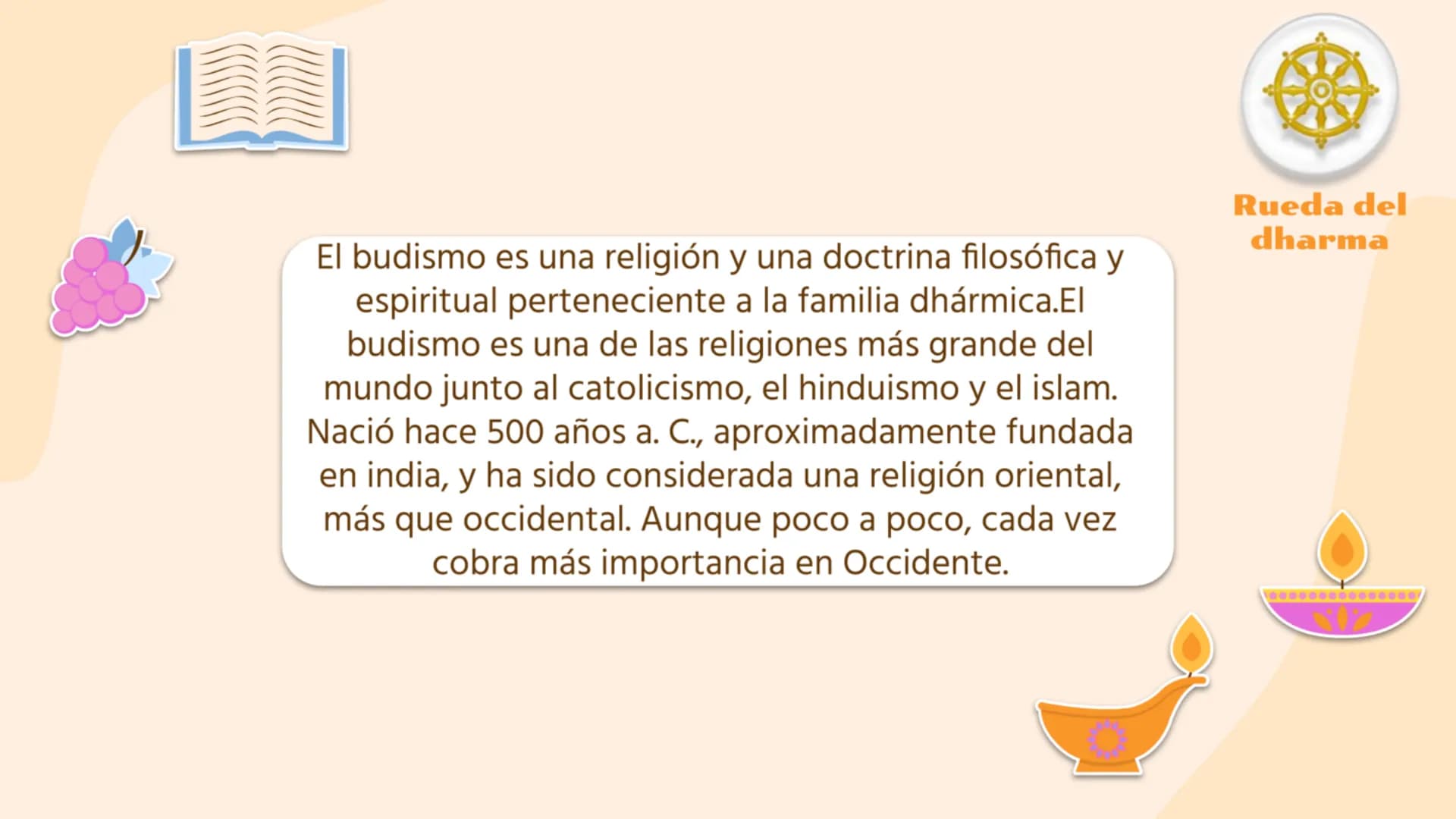## Tabla de contenidos
1. 01
¿Que es?
2. 02
¿Qué tipo de
religión es?
3. 03
Creencias
4. 04
Tipos de
budismo
5.