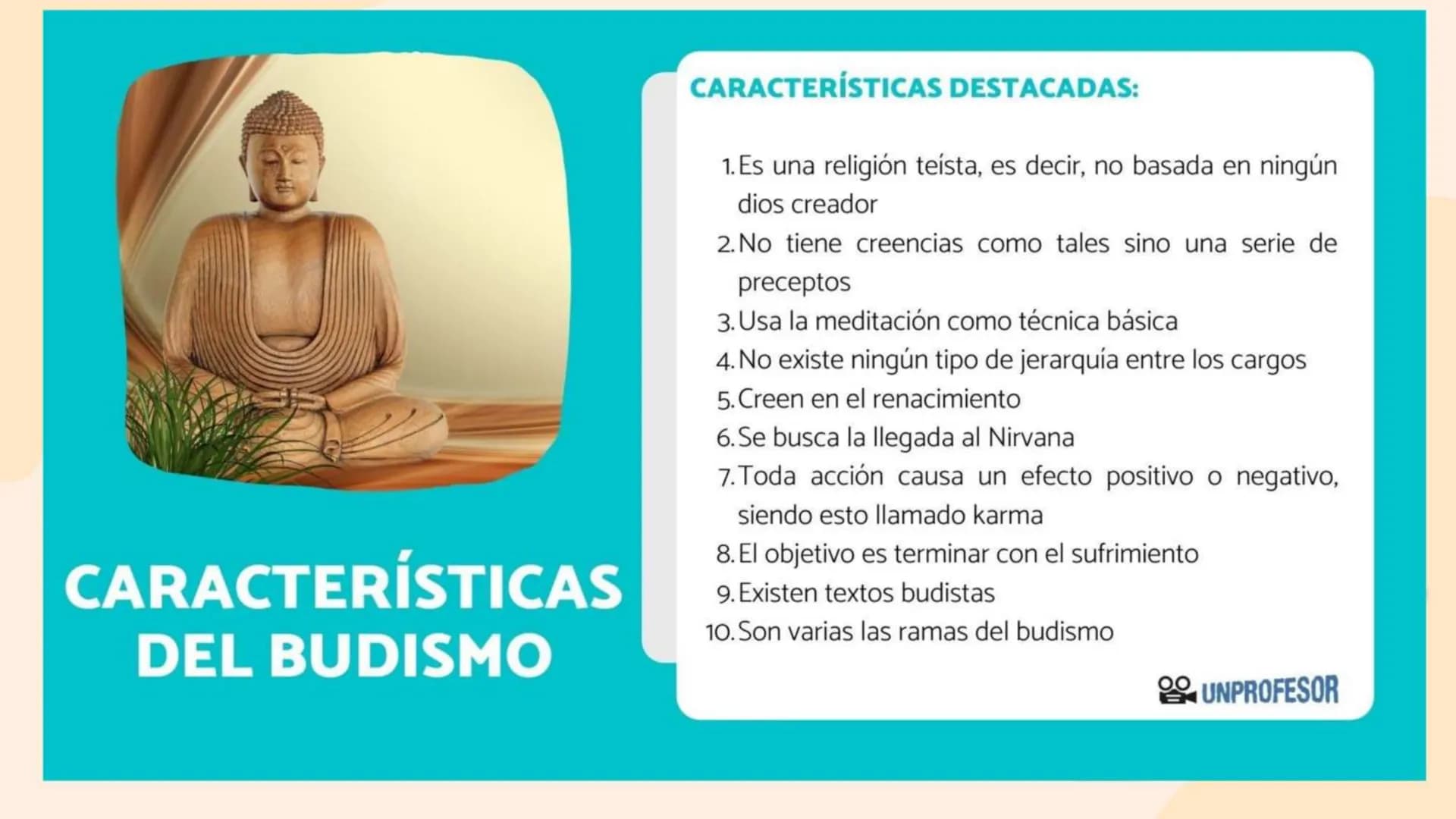 ## Tabla de contenidos
1. 01
¿Que es?
2. 02
¿Qué tipo de
religión es?
3. 03
Creencias
4. 04
Tipos de
budismo
5.