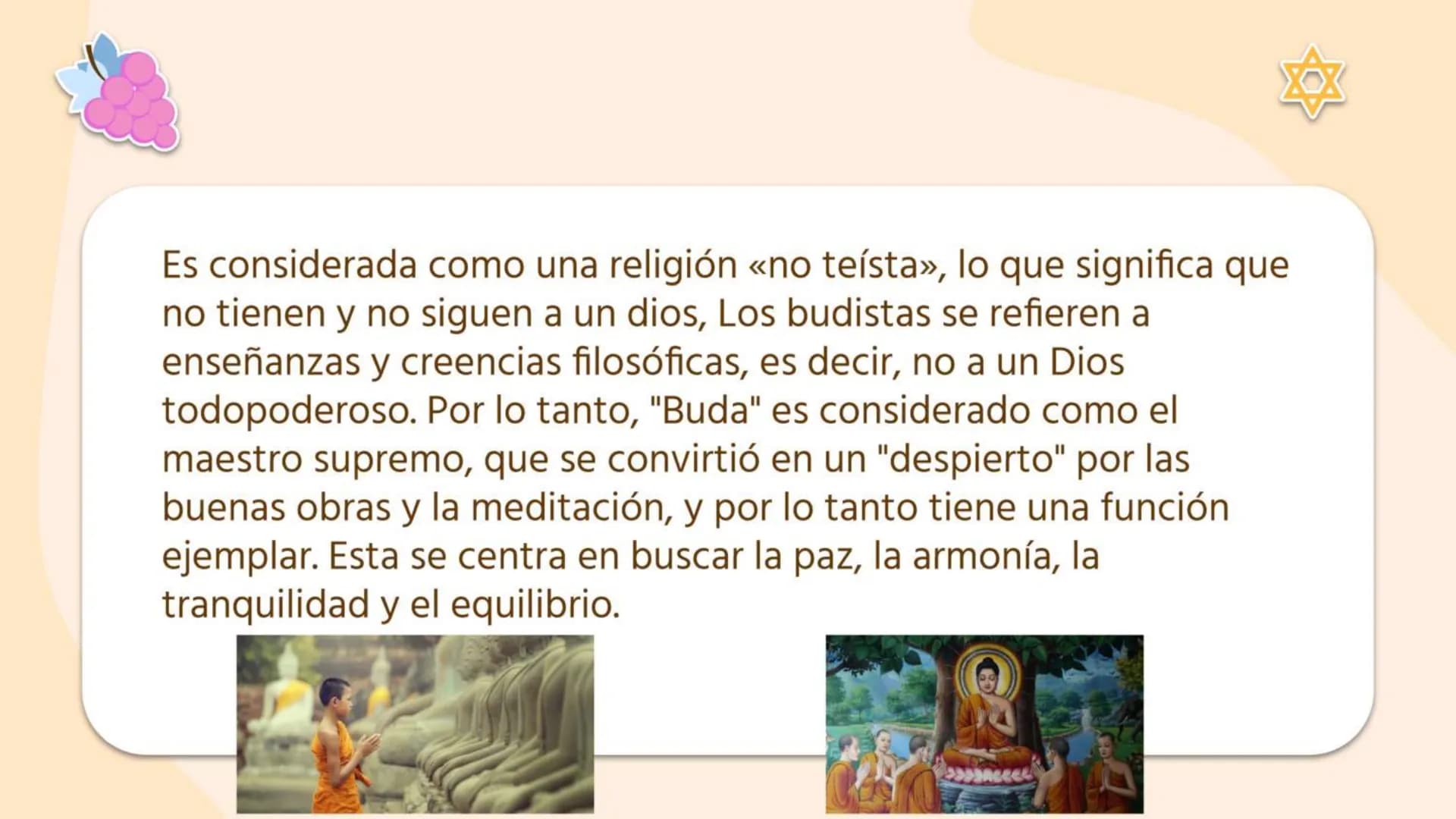 ## Tabla de contenidos
1. 01
¿Que es?
2. 02
¿Qué tipo de
religión es?
3. 03
Creencias
4. 04
Tipos de
budismo
5.