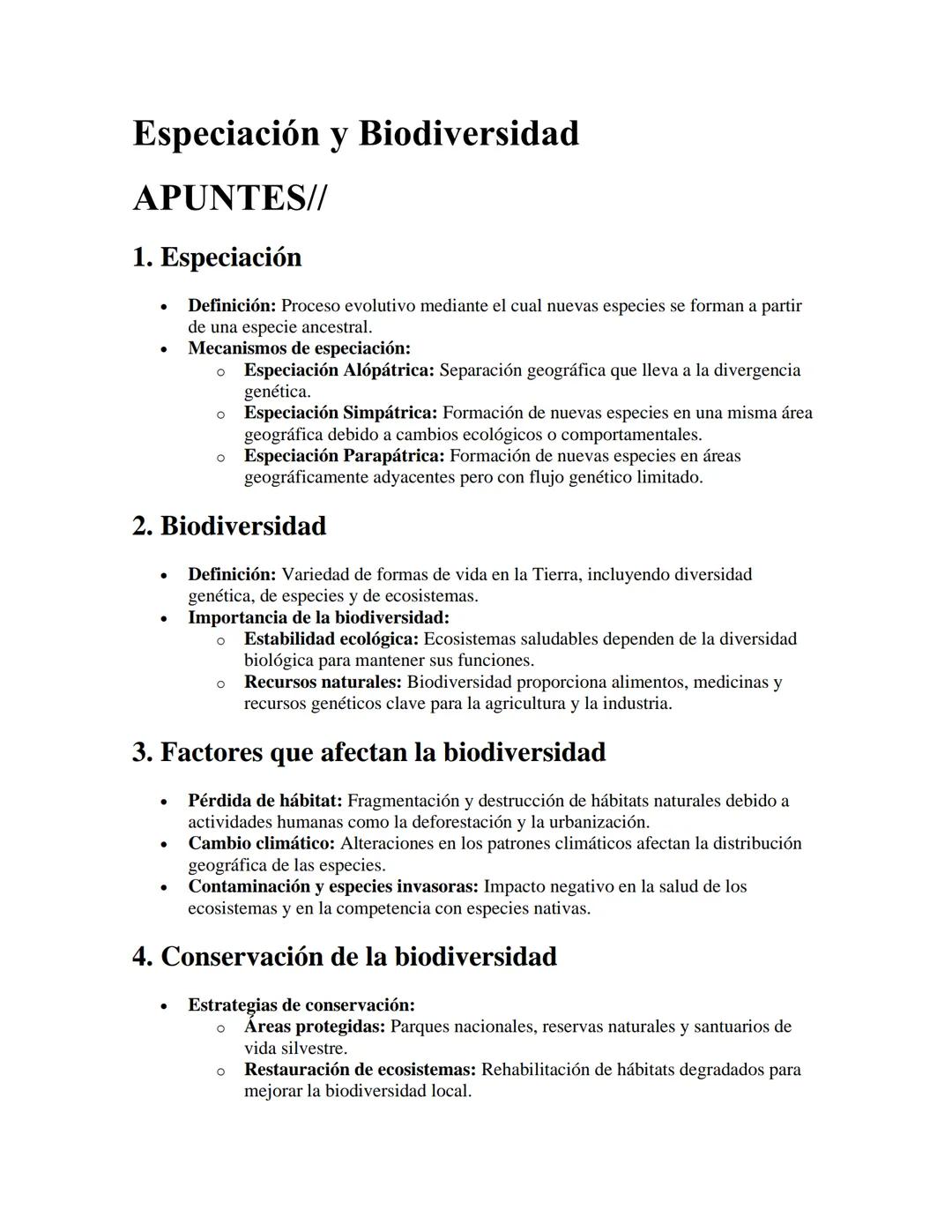 Especiación y Biodiversidad
APUNTES//
1. Especiación
•
•
Definición: Proceso evolutivo mediante el cual nuevas especies se forman a partir
d