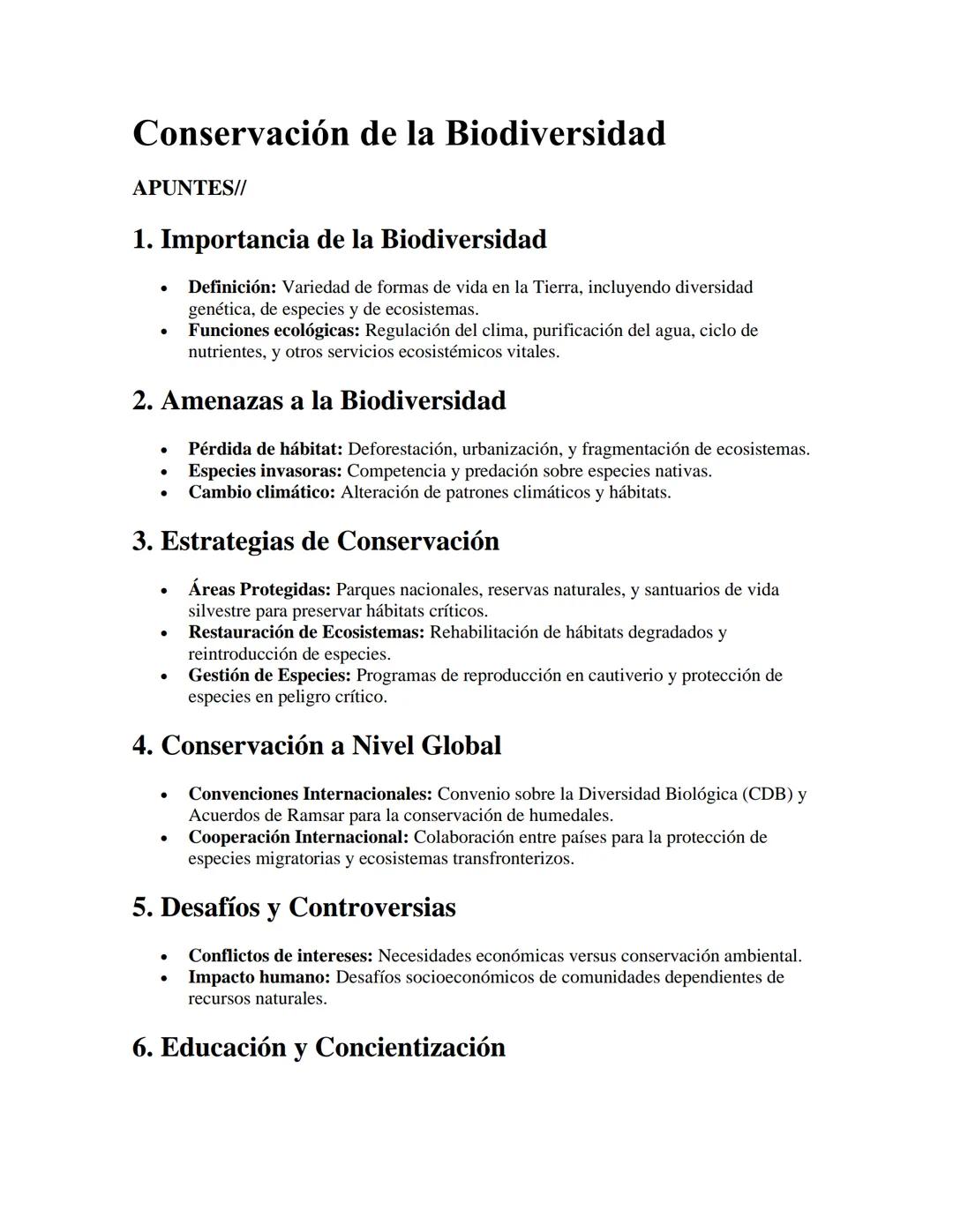 Conservación de la Biodiversidad
APUNTES//
1. Importancia de la Biodiversidad
•
.
Definición: Variedad de formas de vida en la Tierra, inclu