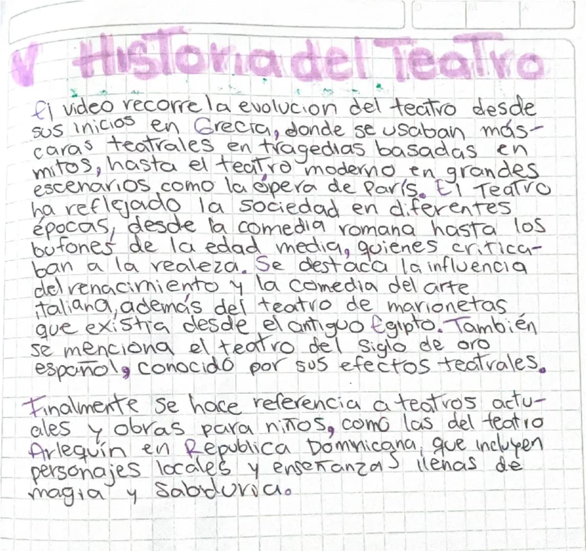 # Historia del Teatro
El video recorre la evolucion del teatro desde sus inicios en Grecia, donde se usaban más- caras teatrales en tragedia