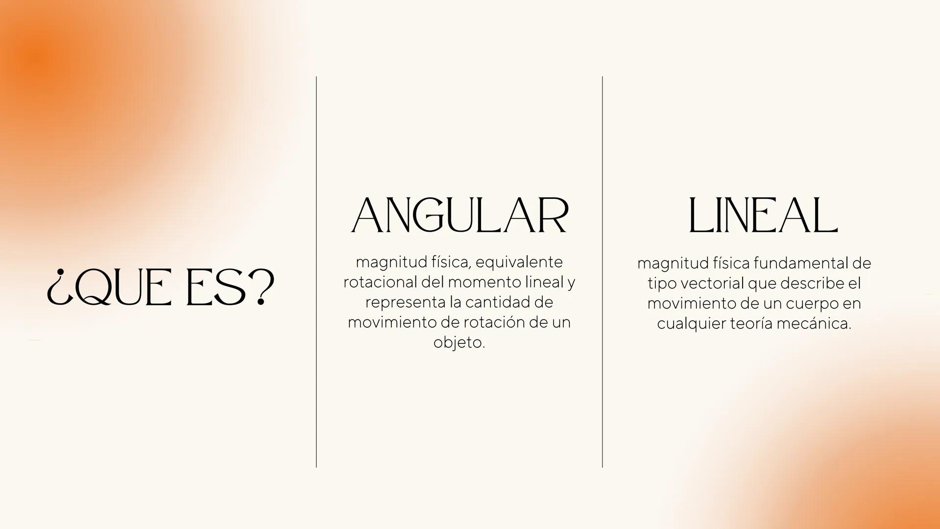 LA CANTIDAD DE
MOVIMIENTO ANGULAR Y
LINEAL ¿QUE ES?
ANGULAR
magnitud física, equivalente
rotacional del momento lineal y
representa la canti