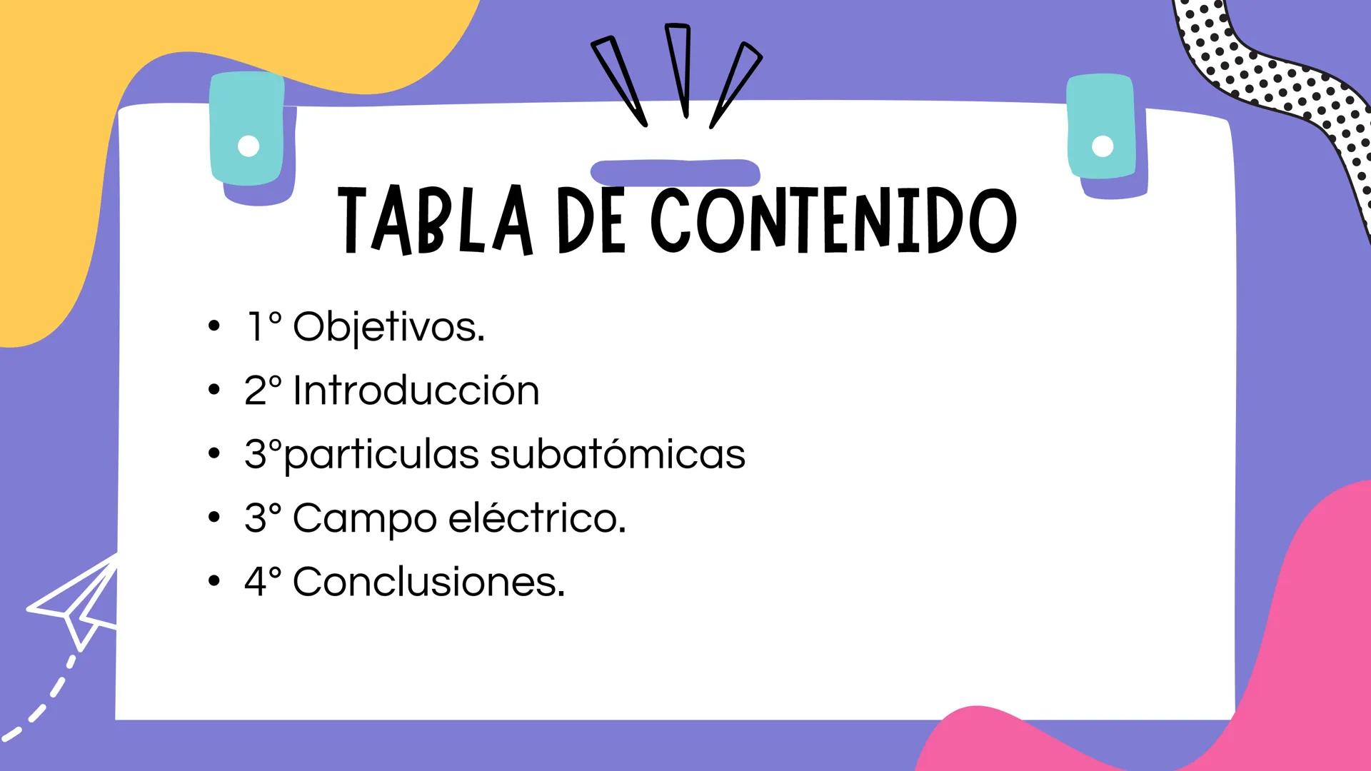 •
TABLA DE CONTENIDO
• 1° Objetivos.
• 2° Introducción
• 3°particulas subatómicas
• 3° Campo eléctrico.
• 4° Conclusiones. OBJETIVOS
Dar a