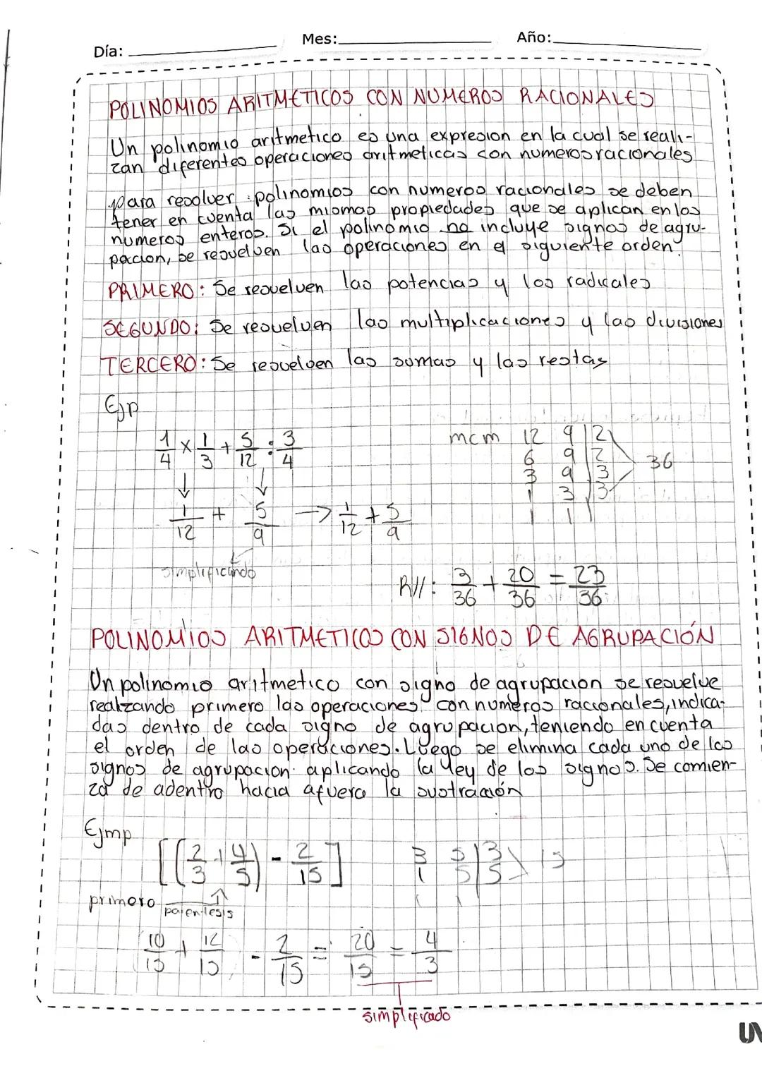 polinomios aritméticos con números racionales
