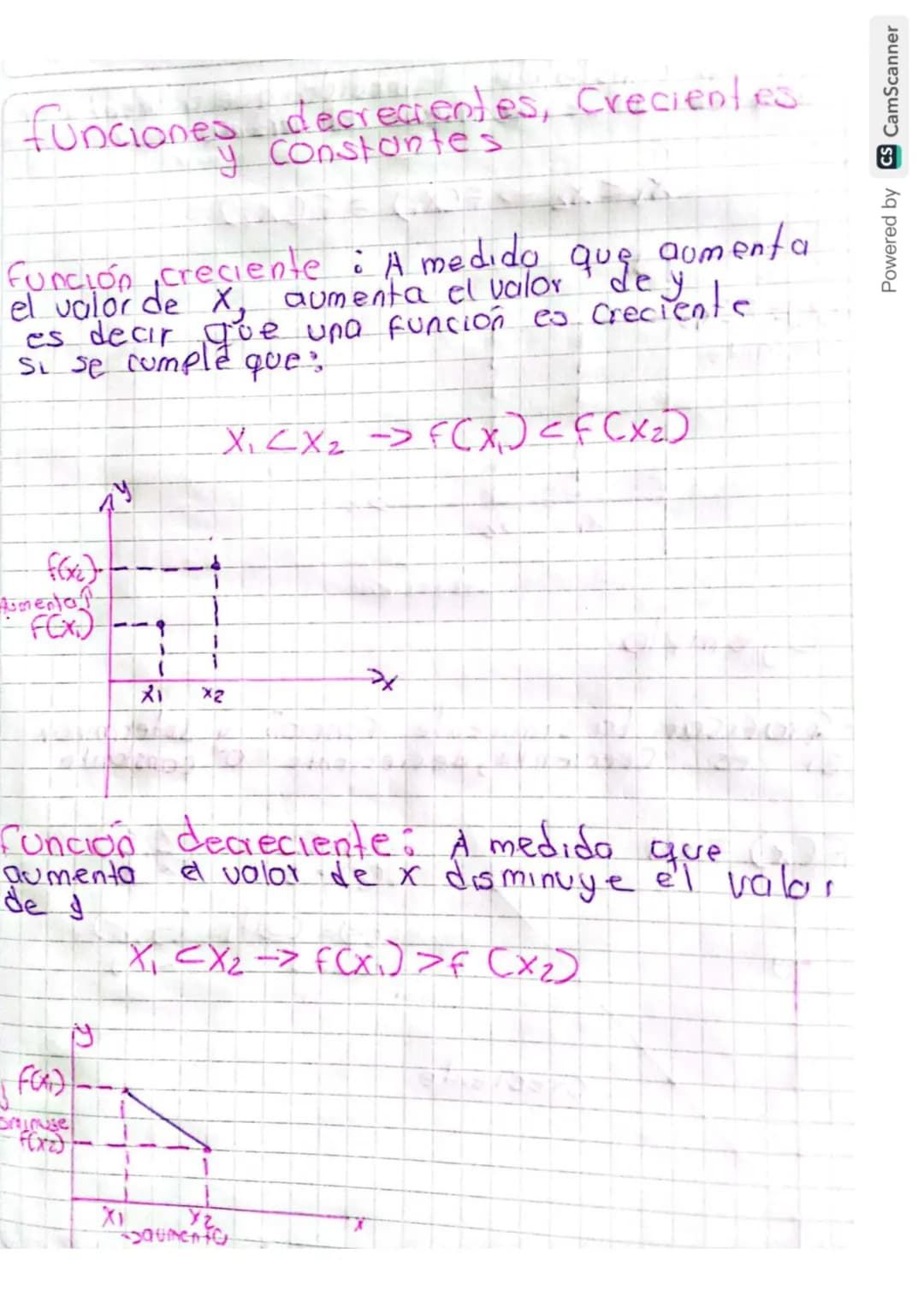 # funciones decrecientes, Crecientes y Constantes
Función creciente: A medida que aumenta el valor de X, aumenta el valor de y.
Es decir qu