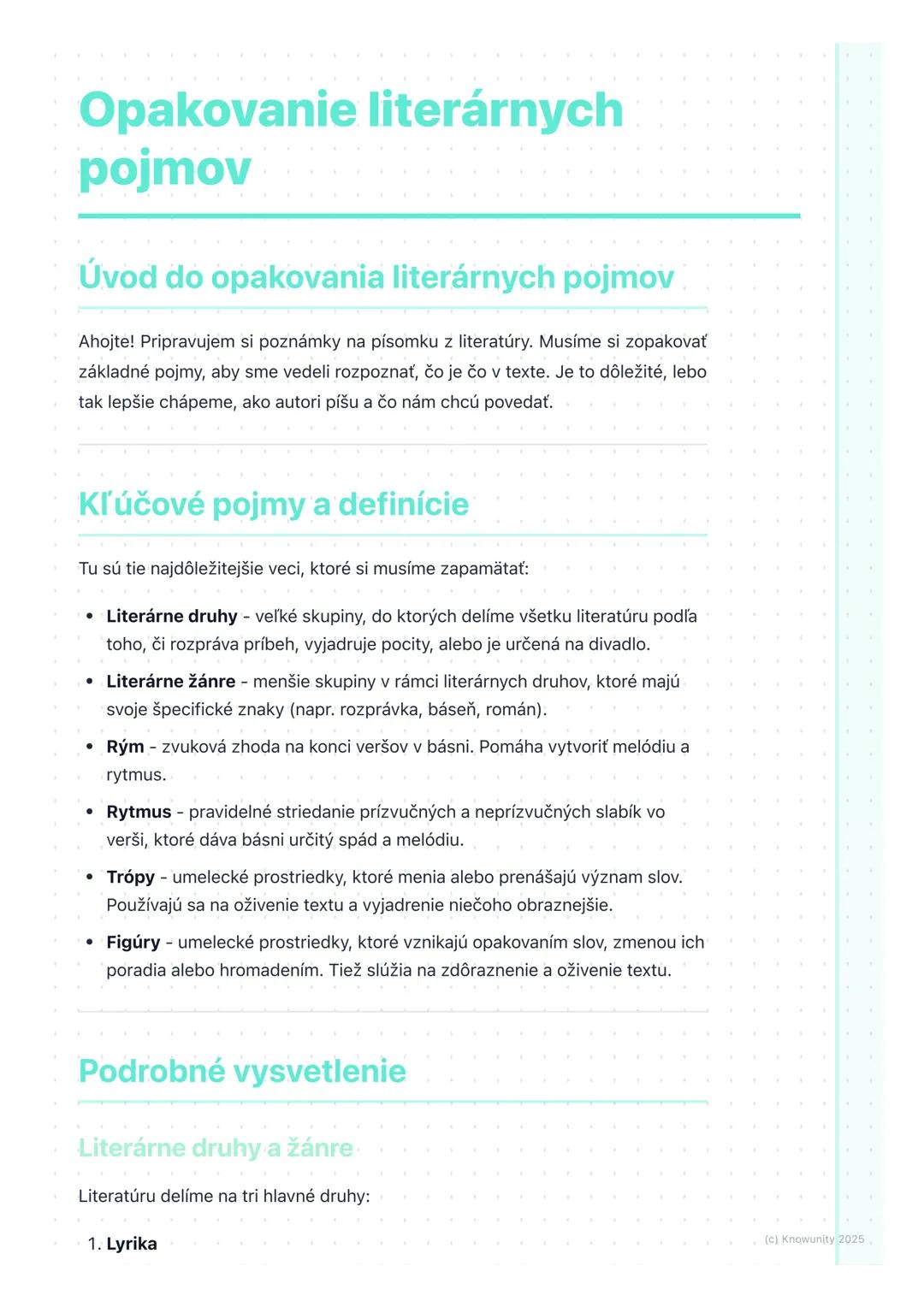# Opakovanie literárnych
pojmov
Úvod do opakovania literárnych pojmov
Ahojte! Pripravujem si poznámky na písomku z literatúry. Musíme si z
