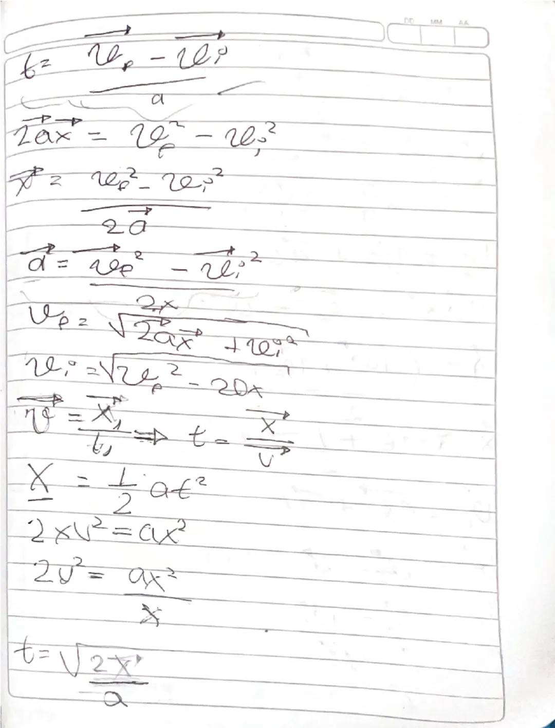 ~\n\nV=Velocidad - V = rapidez\n$g_t = \frac{x}{t}$ \n$B_x = x_f - x_i$\n$b.h = A$\n$\frac{y}{x} = k$ v $y = kx$\n\nvelocidad:\n$\vec{v} =