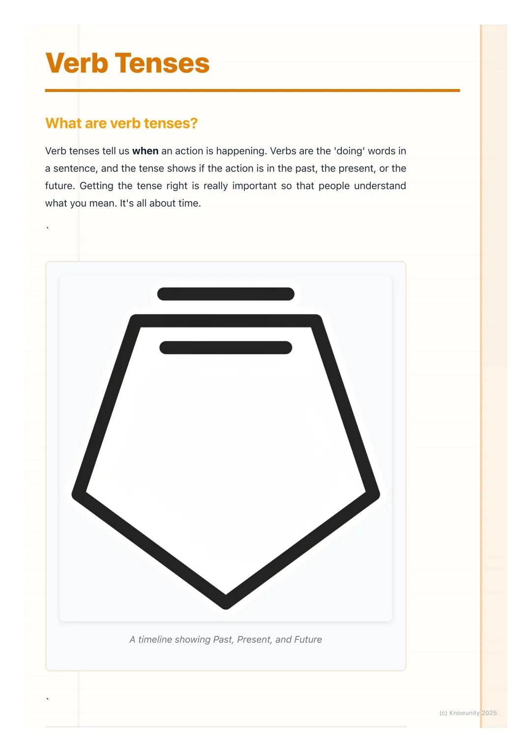 # Verb Tenses
What are verb tenses?
Verb tenses tell us when an action is happening. Verbs are the 'doing' words in
a sentence, and the te