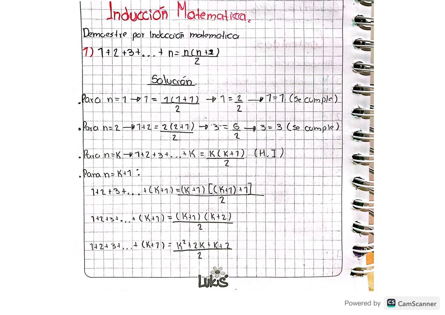 Inducción Matematica.
Demuestre
por
Induccion matematica
7) 1 + 2 + 3 + ... + n = n(n + 2)
Z
Solución
Paran = 17 = 7(1+1)-7=2
2
1 = 1 (be cu