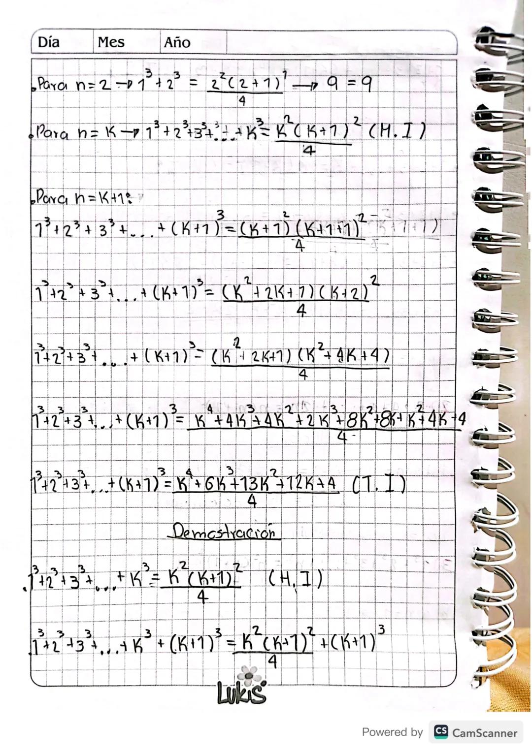 Inducción Matematica.
Demuestre
por
Induccion matematica
7) 1 + 2 + 3 + ... + n = n(n + 2)
Z
Solución
Paran = 17 = 7(1+1)-7=2
2
1 = 1 (be cu