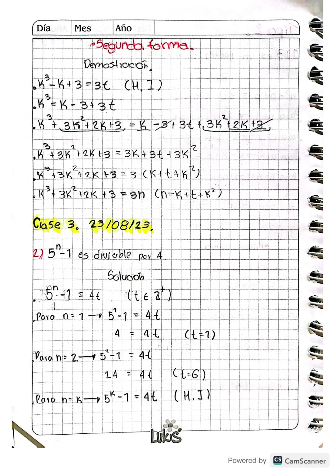 Inducción Matematica.
Demuestre
por
Induccion matematica
7) 1 + 2 + 3 + ... + n = n(n + 2)
Z
Solución
Paran = 17 = 7(1+1)-7=2
2
1 = 1 (be cu