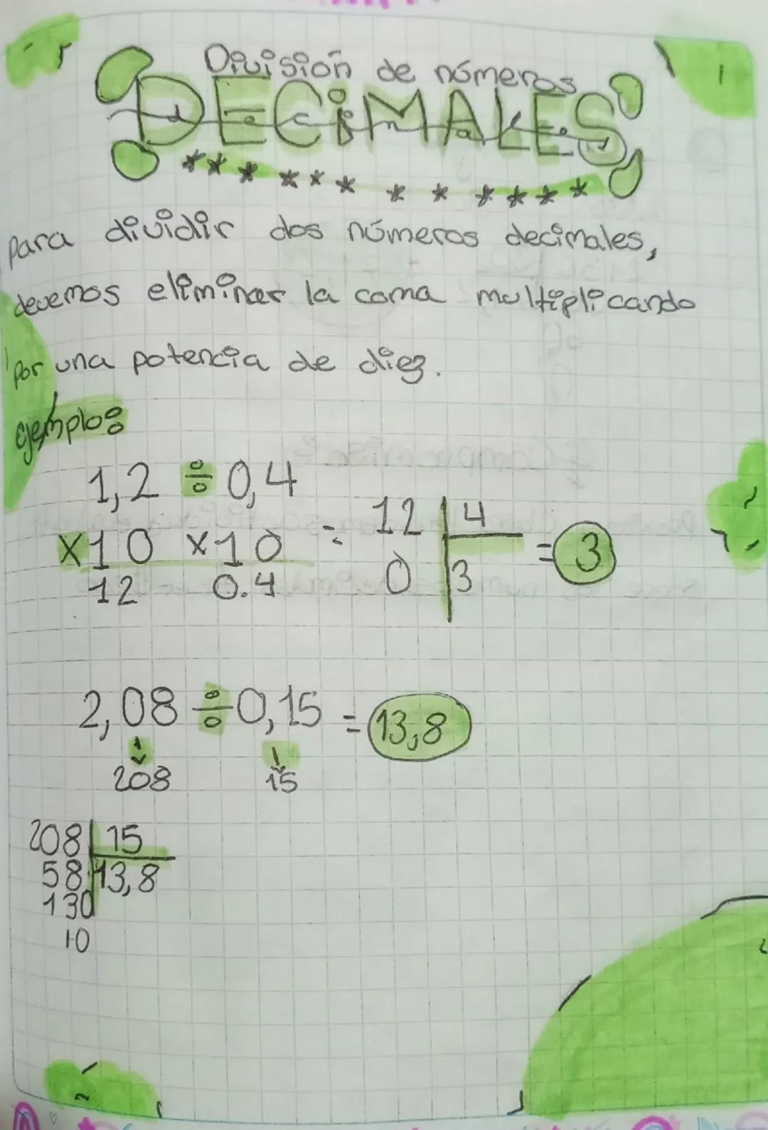 Division de números
DECIMALES
*
*
Para dividir dos números decimales,
devemos eliminar la coma multiplicando
1 por una potencia de diez.
cho