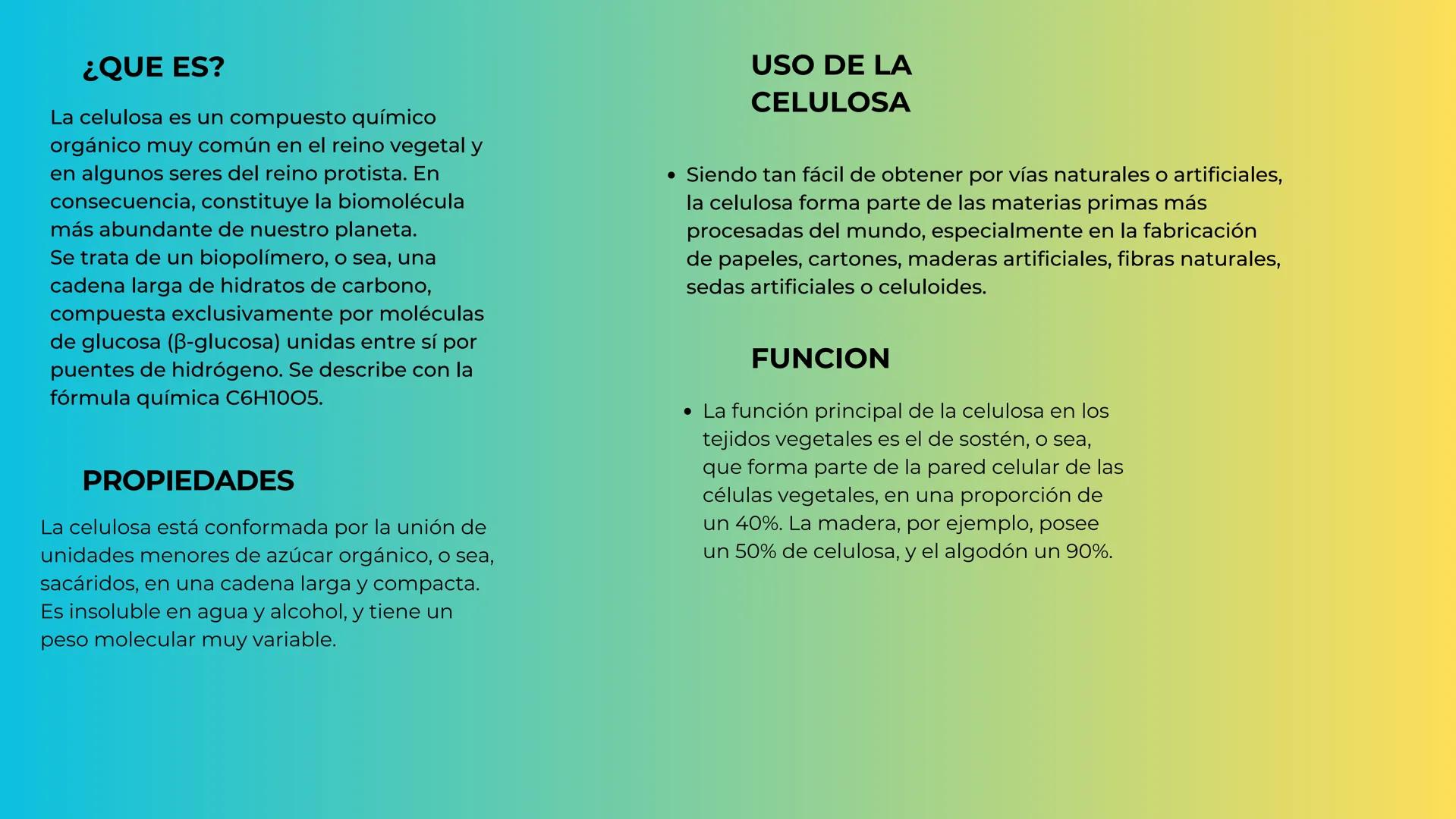 La celulosa ¿QUE ES?
La celulosa es un compuesto químico
orgánico muy común en el reino vegetal y
en algunos seres del reino protista. En
co