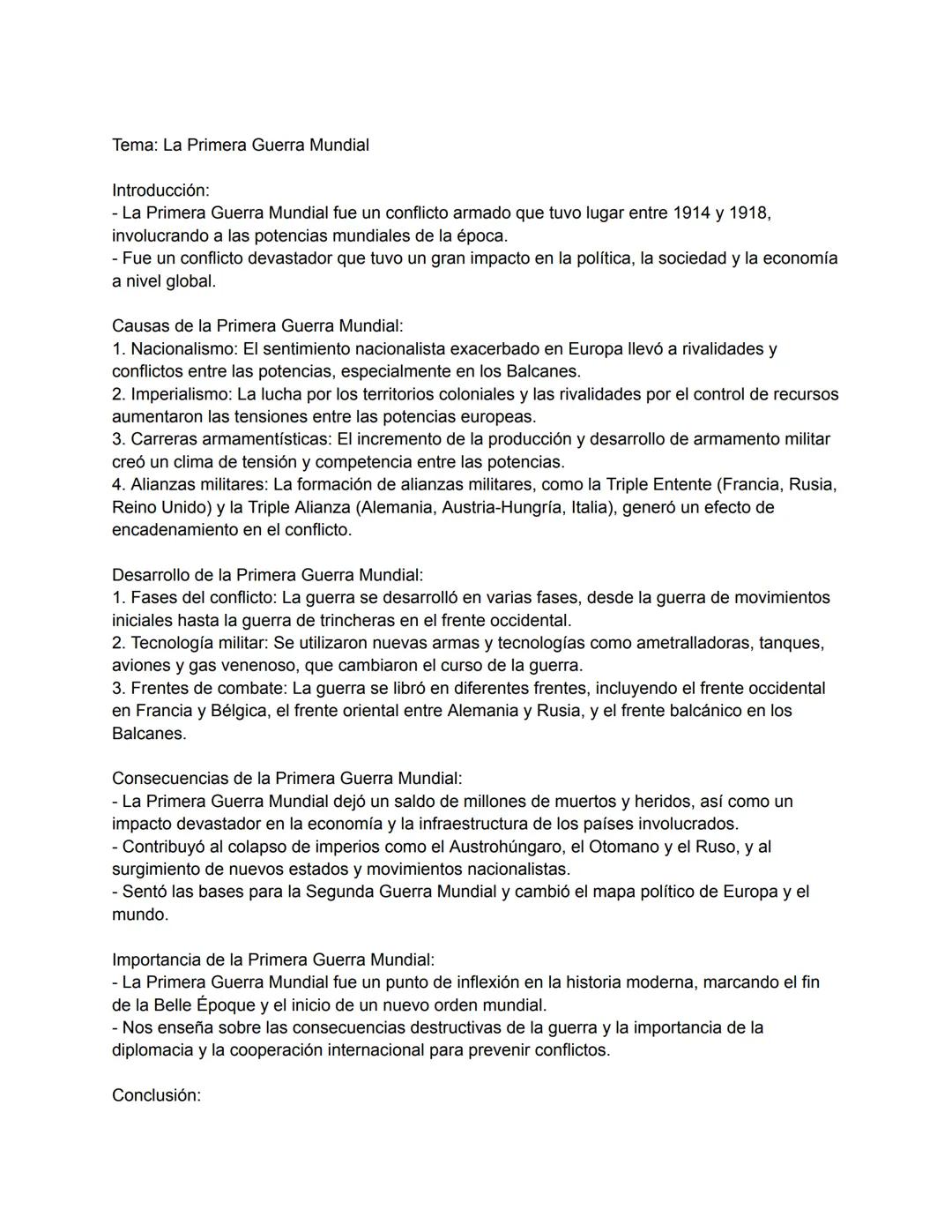 Tema: La Primera Guerra Mundial
Introducción:
- La Primera Guerra Mundial fue un conflicto armado que tuvo lugar entre 1914 y 1918,
involucr