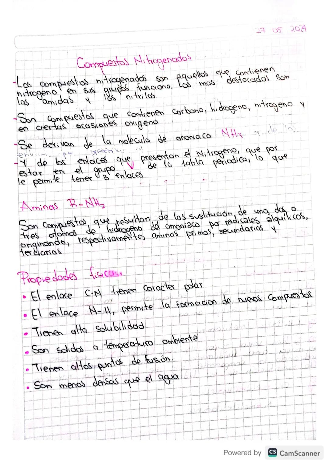 17 05 202A
# Compuestos Nitrogenados
- Los compuestos nitrogenados son aquellos que contienen
nitrogeno en sus grupos funciona, Los mas de