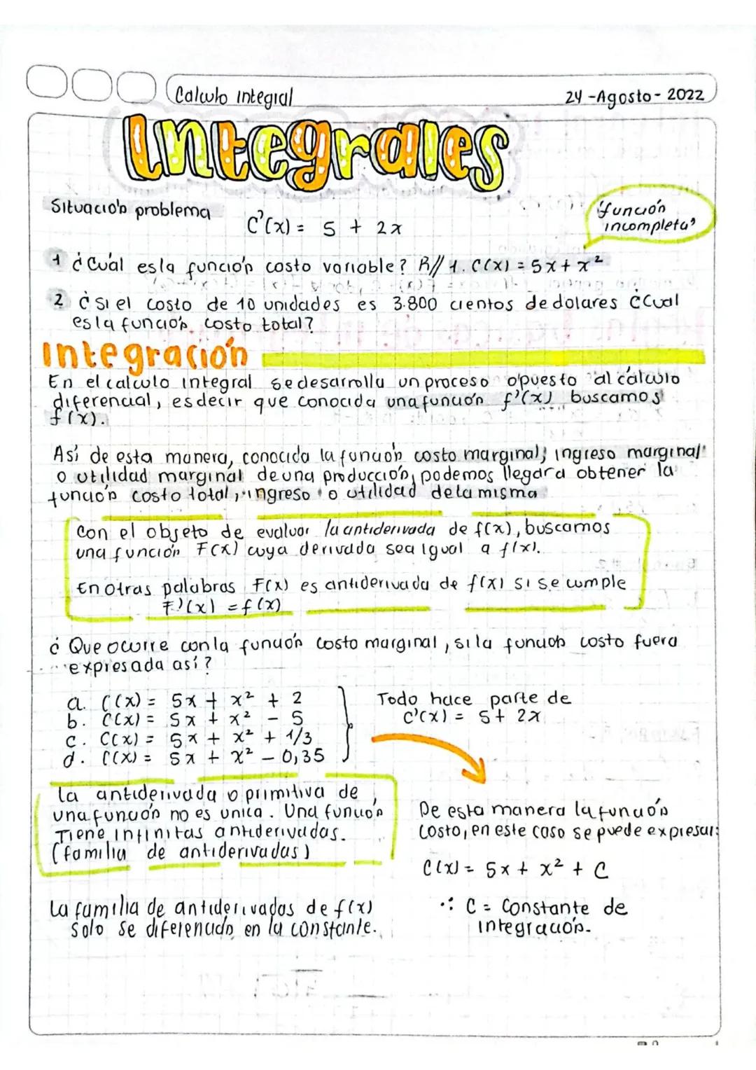 Calculo integral
Integrales
24-Agosto-2022
Situacion problema
C² (x) = 5 + 2x
¿Cual es la función costo variable? R// 4. C(x) = 5x+x²
funció