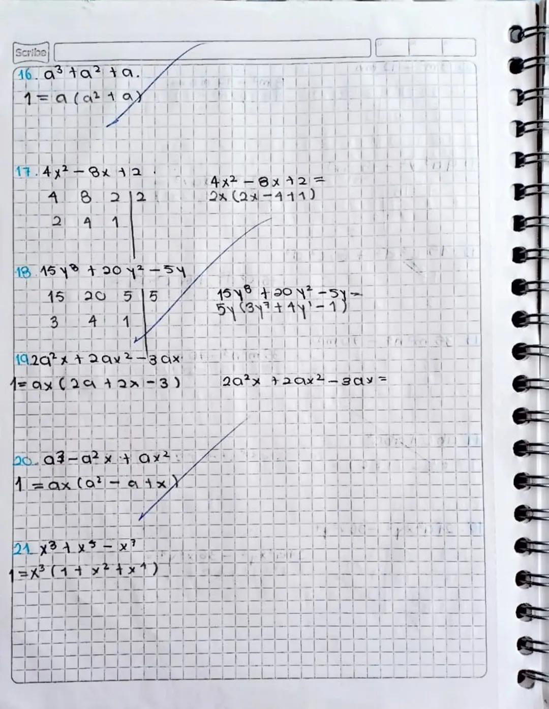 12/02/2024
Factonsacton
1) Factor comin ; case 1
Ejemplo:
-
14 m5 n³ + 21 m² n1 - 28 m³ n5.
3
3. 40 x1 y2-60 x³ y ³ + 130 x ² y ₁ - 200 x 45