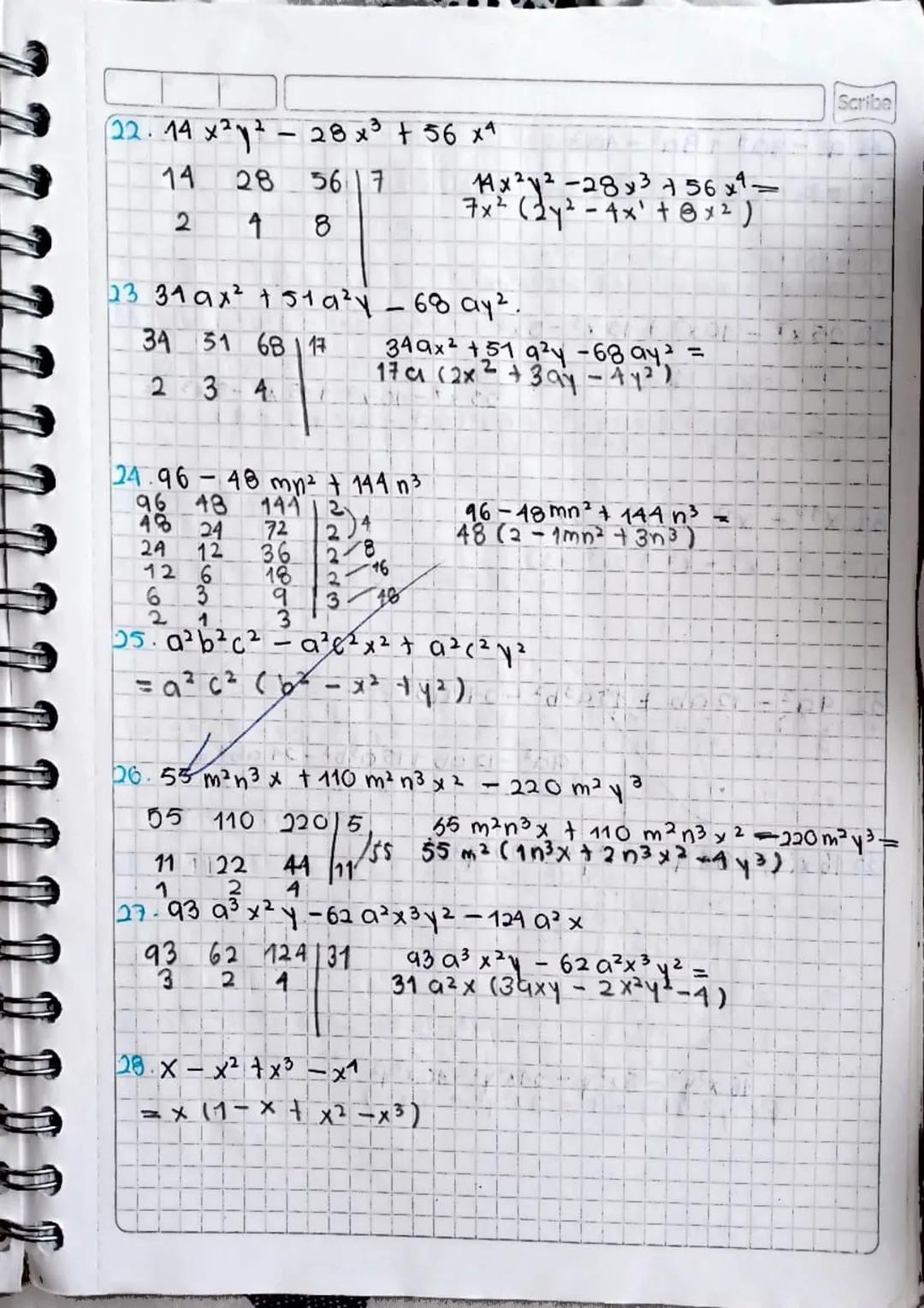 12/02/2024
Factonsacton
1) Factor comin ; case 1
Ejemplo:
-
14 m5 n³ + 21 m² n1 - 28 m³ n5.
3
3. 40 x1 y2-60 x³ y ³ + 130 x ² y ₁ - 200 x 45