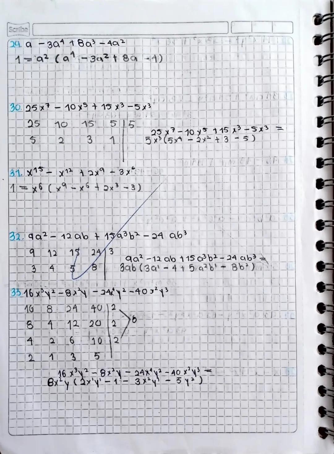 12/02/2024
Factonsacton
1) Factor comin ; case 1
Ejemplo:
-
14 m5 n³ + 21 m² n1 - 28 m³ n5.
3
3. 40 x1 y2-60 x³ y ³ + 130 x ² y ₁ - 200 x 45