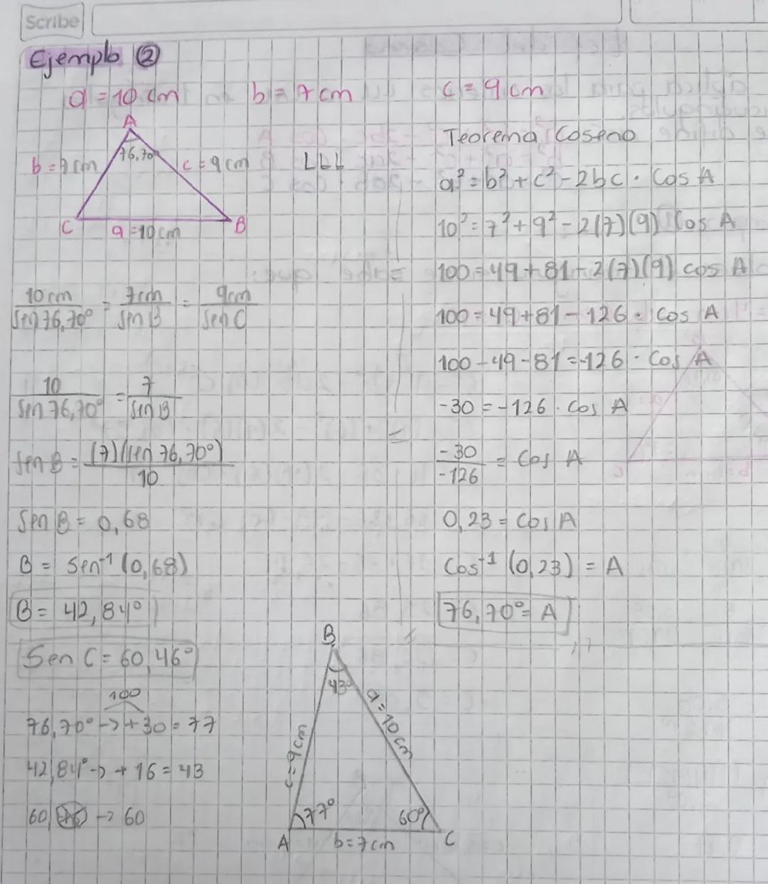 Ley del Coseno
Scribe
Se
S61, aplica para los criterios ĿLL o LAL
oblicuangulos.
2
Y se difine asi: α = b² + (² -2bc Cos A
Ejemplo ①
b² = a²