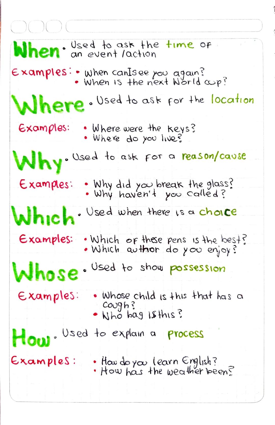 WH Questions
• What - Qué/cual/cuales
Where Ponde
-
°
How
Como/cual/coales
0
• When
-
Cuando
Who • Used to ask the person who
did the action