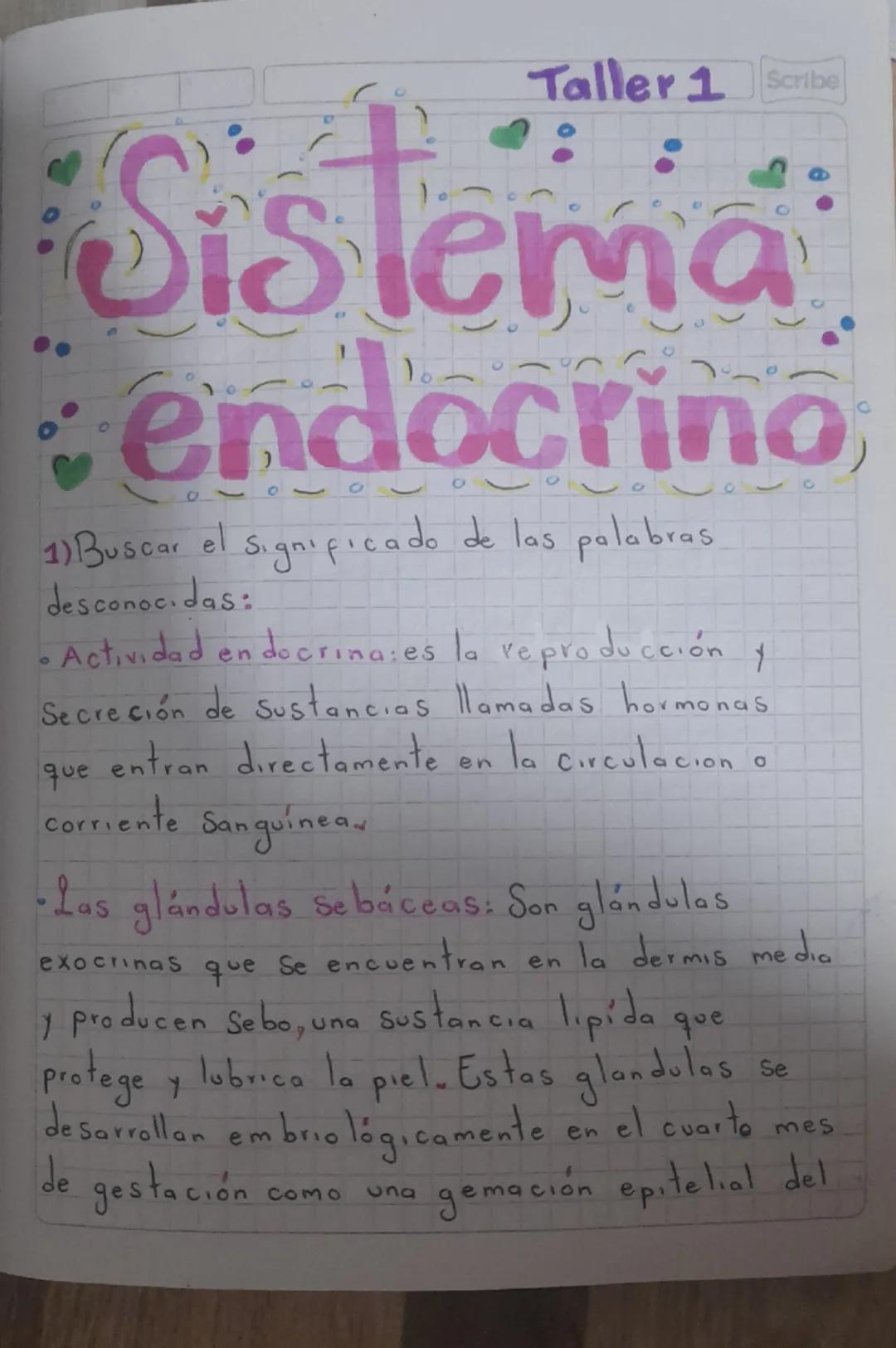 0
Taller 1 Scribe
Sistema
endocrino
0
1) Buscar el significado de las palabras
desconocidas:
• Actividad endocrina: es la reproducción y
Sec