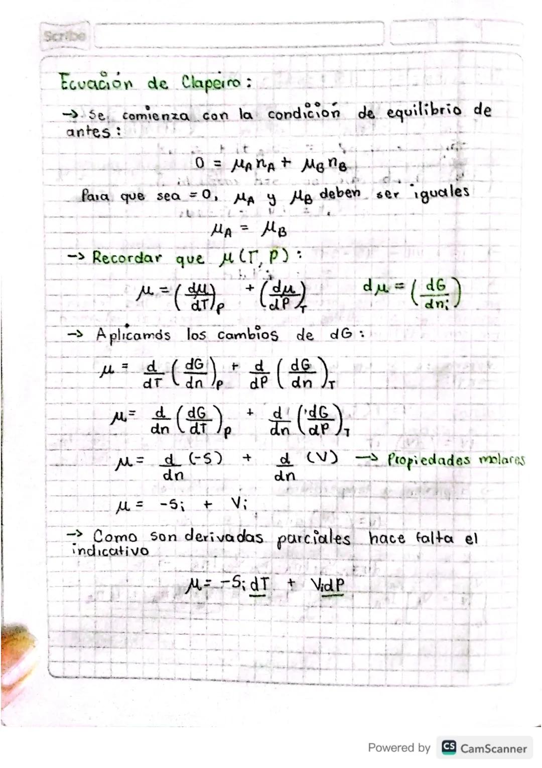 Scribe
Ecuación de Claperro:
→Se comienza con la condición de equilibrio de
antes:
tit
0 = $\mu_A n_A + \mu_B n_B$
Para que sea = 0, $\m