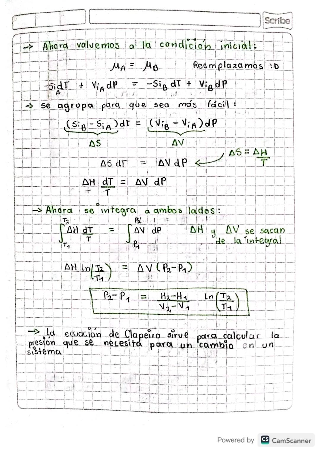 Scribe
Ecuación de Claperro:
→Se comienza con la condición de equilibrio de
antes:
tit
0 = $\mu_A n_A + \mu_B n_B$
Para que sea = 0, $\m