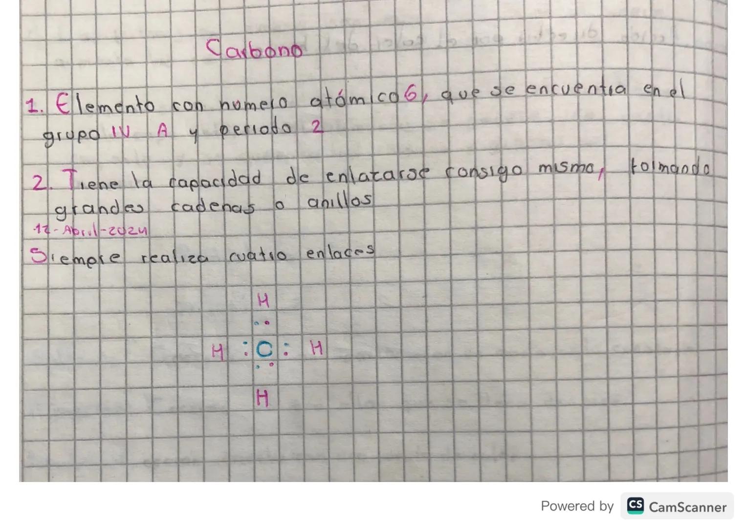 Carbono
1. Elemento con numero atómico 6, que se encuentra en el
grupo IV
A
TT
periodo 2
2. Tiene la capacidad de enlazarse consigo mismo,
g