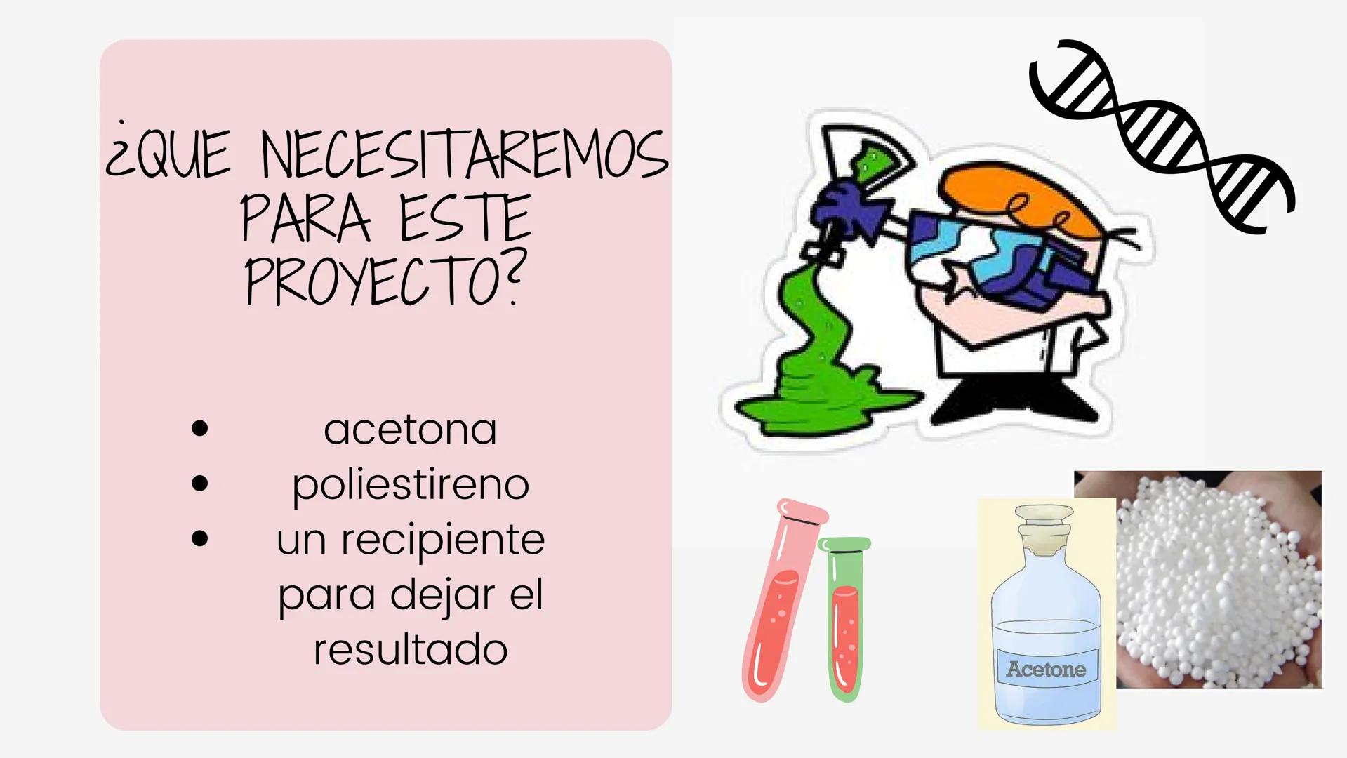 Experimento
POLIESTIRENO
VS
ACETONA ¿QUE NECESITAREMOS
PARA ESTE
PROYECTO?
acetona
poliestireno
un recipiente
para dejar el
resultado
M
Acet
