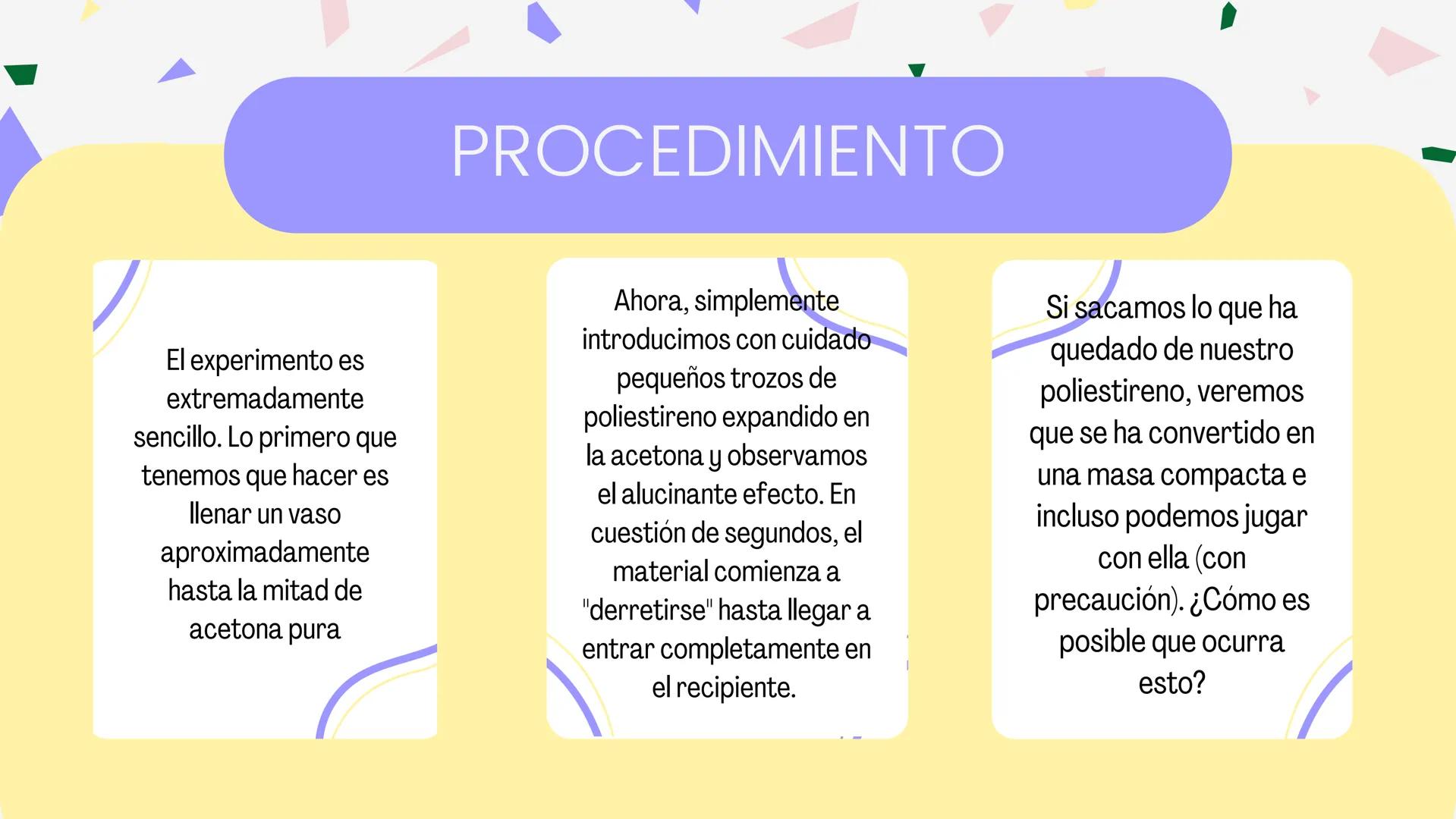 Experimento
POLIESTIRENO
VS
ACETONA ¿QUE NECESITAREMOS
PARA ESTE
PROYECTO?
acetona
poliestireno
un recipiente
para dejar el
resultado
M
Acet
