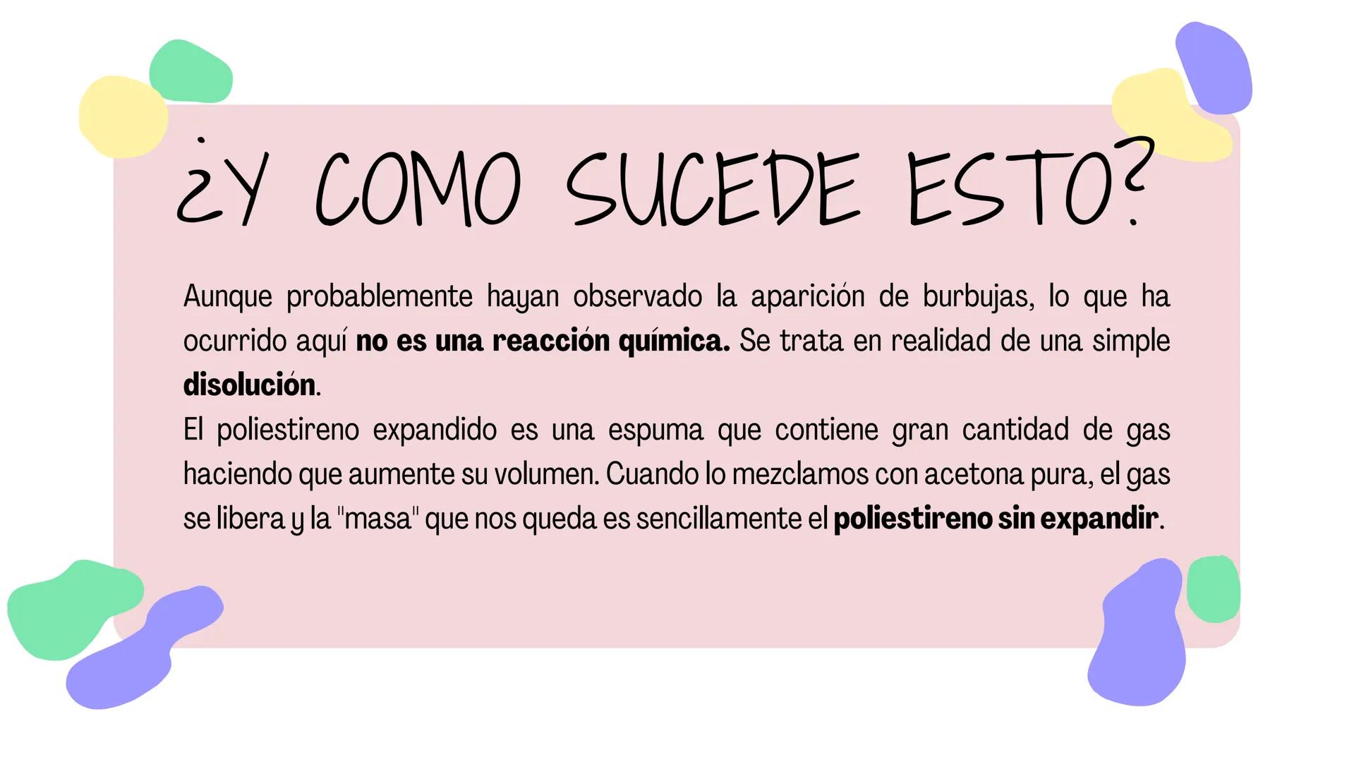 Experimento
POLIESTIRENO
VS
ACETONA ¿QUE NECESITAREMOS
PARA ESTE
PROYECTO?
acetona
poliestireno
un recipiente
para dejar el
resultado
M
Acet
