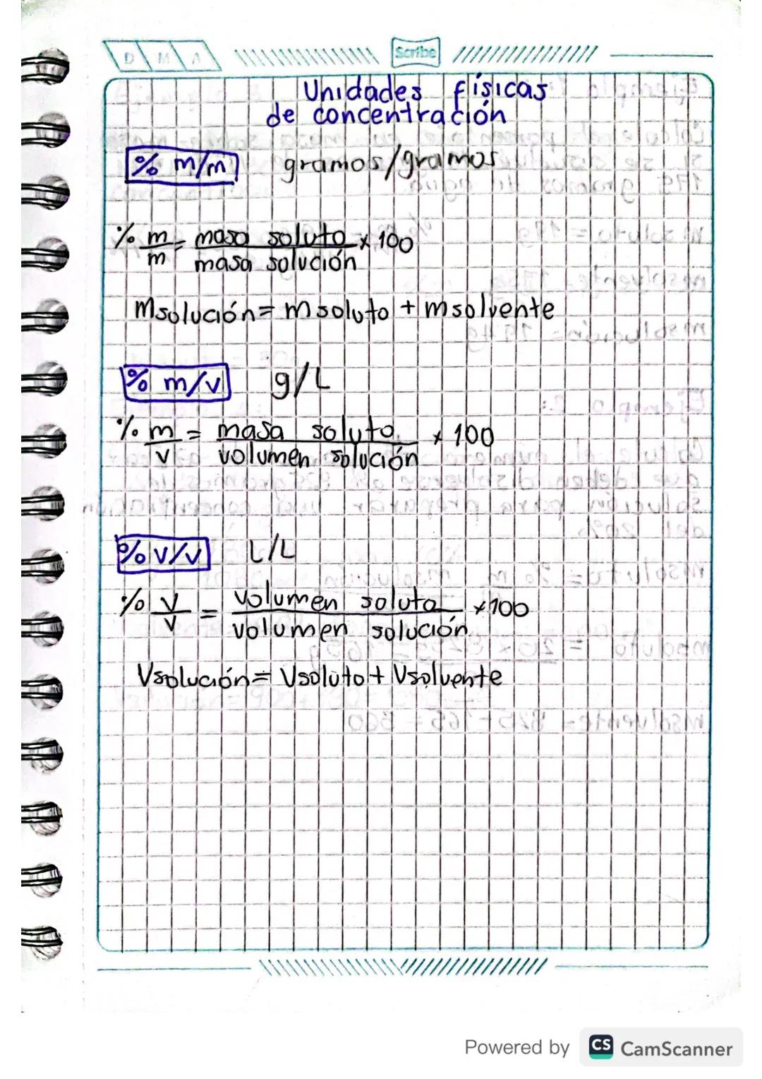 % m/m
Scribe
Unidades fisicas
de concentración
gramos/gramos
% m- masa soluto x 100
m masa solución
Msolución = msoluto + msolvente.
% m/v g