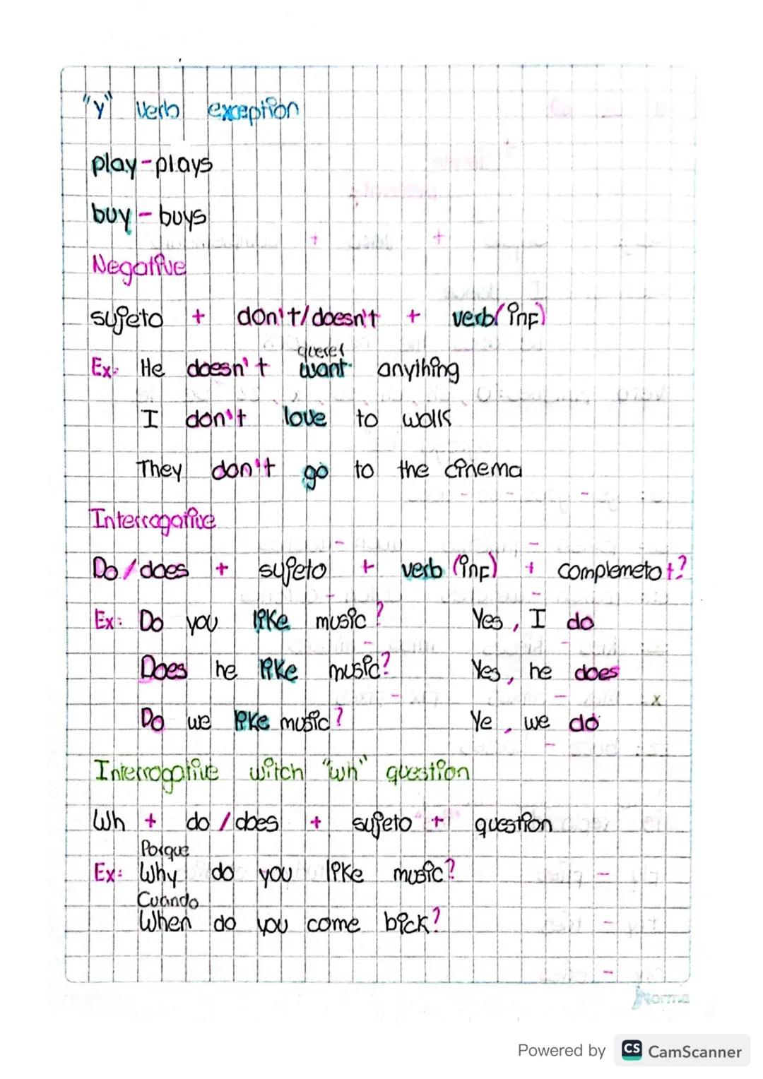 # Simple
present
Conj Sujeto + Verb + Complemento
Exampol: I dance
He does the homework
+
Verb rinishes: o, sh, ch, ss, x, zz "Se le
vam