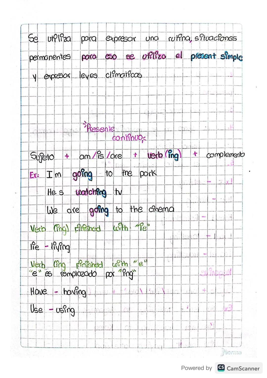 # Simple
present
Conj Sujeto + Verb + Complemento
Exampol: I dance
He does the homework
+
Verb rinishes: o, sh, ch, ss, x, zz "Se le
vam