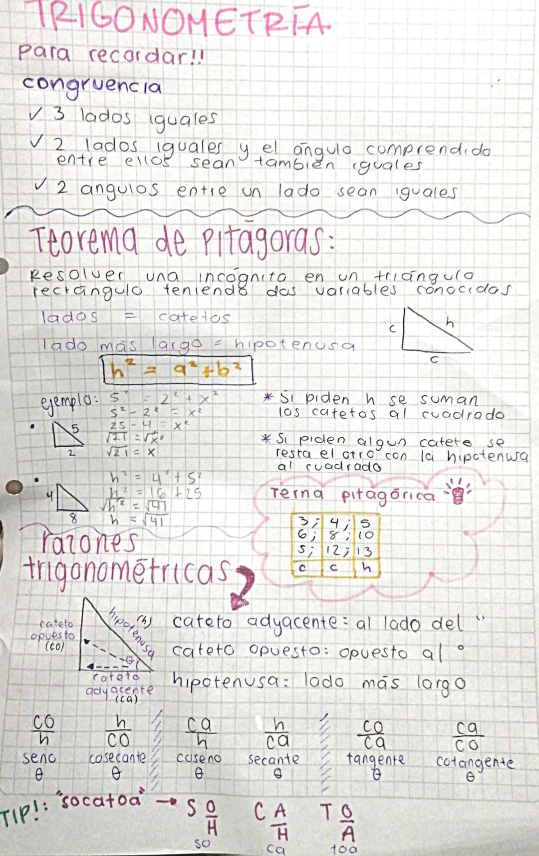 TRIGONOMETRIA
Para recordar!!
congruencia
✓ 3 lados iguales
V2 lados iguales y el angula comprendido
sean tambien iguales
entre el105
✓2 ang