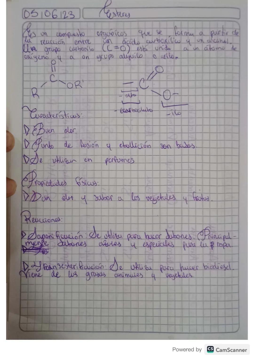 05/06/23
# Pesteres
Es un compuesto arguoicos que se
tu reacción entre un ácido arboxílio y un alcohol.
lla grupo carbonilo (C=O) esta unide