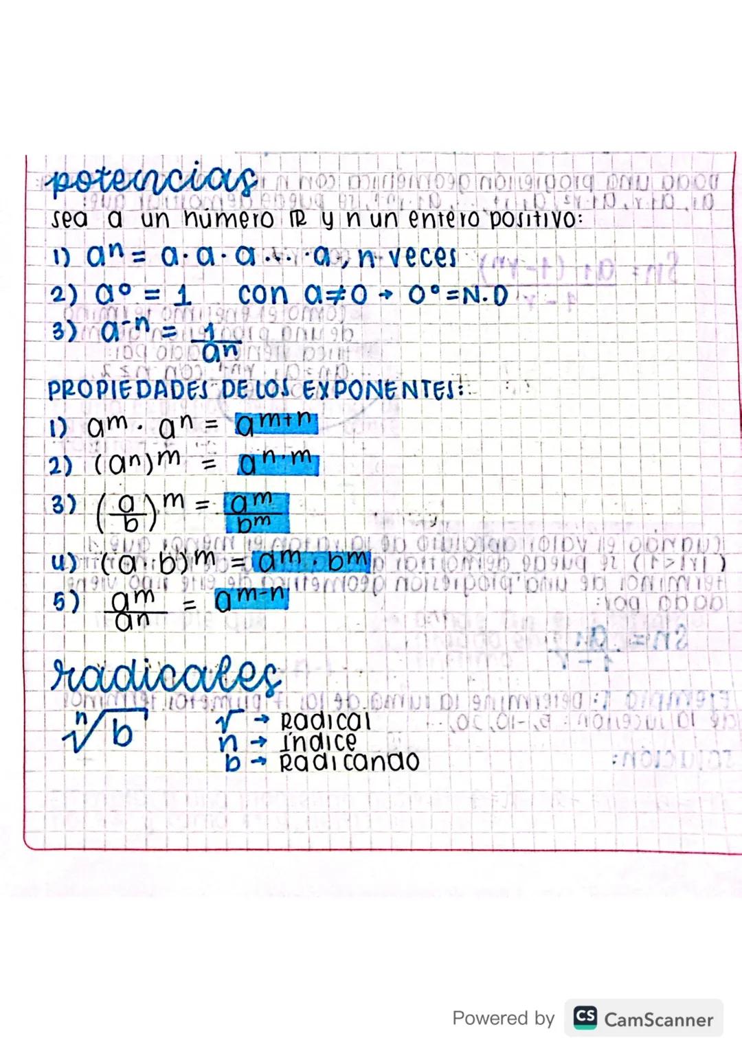 potencias
400 Tomom90590 82.4
1090 no1191001 NUD
sea a un numero IR yn un entero positivo:
1) an = α⋅a⋅α an veces
2) 0° = 1 con α00° =N.D
On