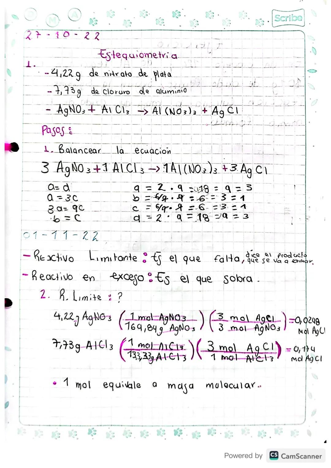 30
22
Estequiometria
Scribe
-4,22 g de nitrato de plata.
-
-7,73 g de cloruro de aluminio
AgNO3 + A1 C13 -> Al (NO 3 ) 3 + Ag Cl
Pasos
1. Ba