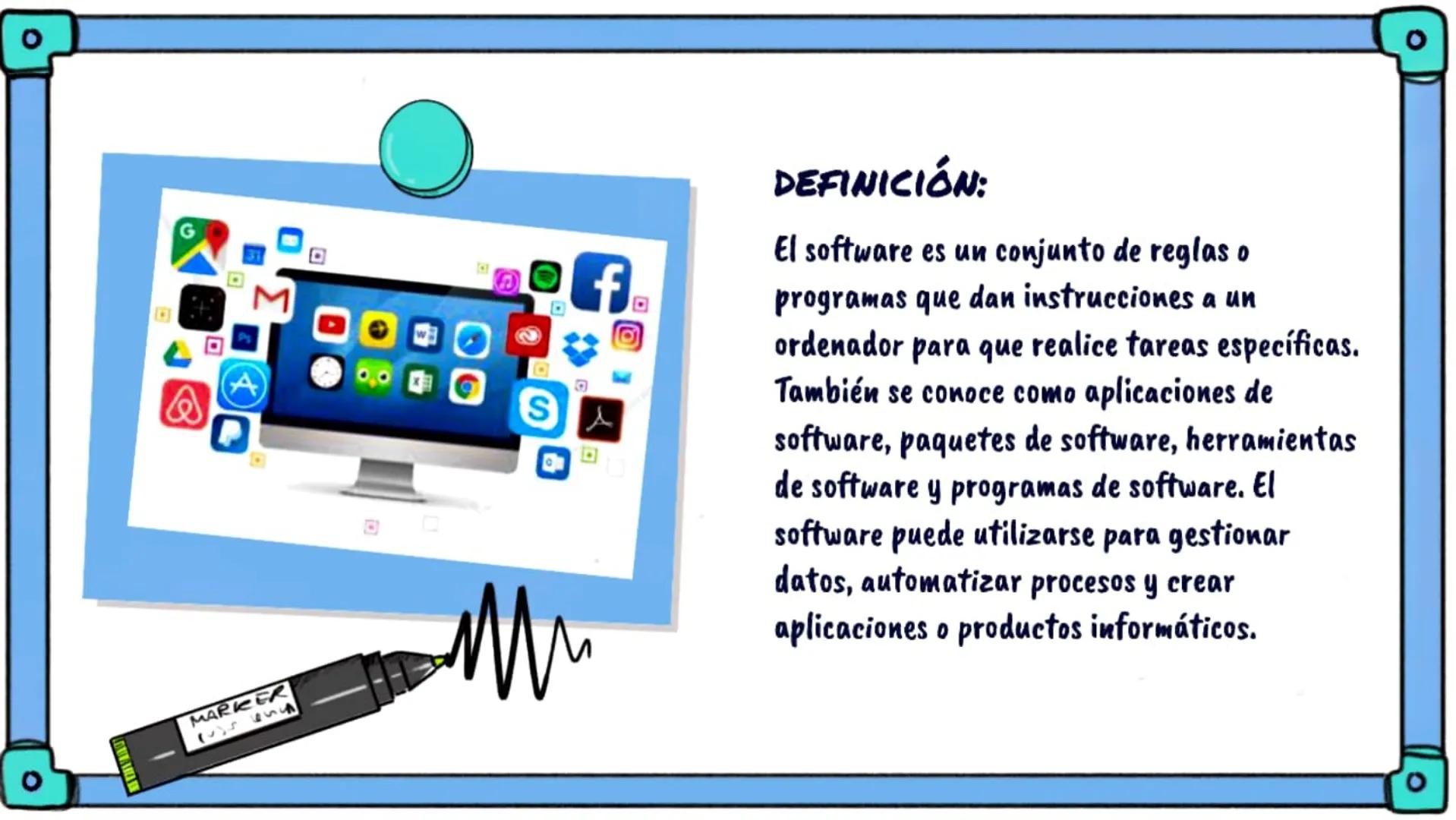 0
SOFTWARE
о о
MARKER
(~)
f
SA
DEFINICIÓN:
El software es un conjunto de reglas o
programas que dan instrucciones a un
ordenador para que re