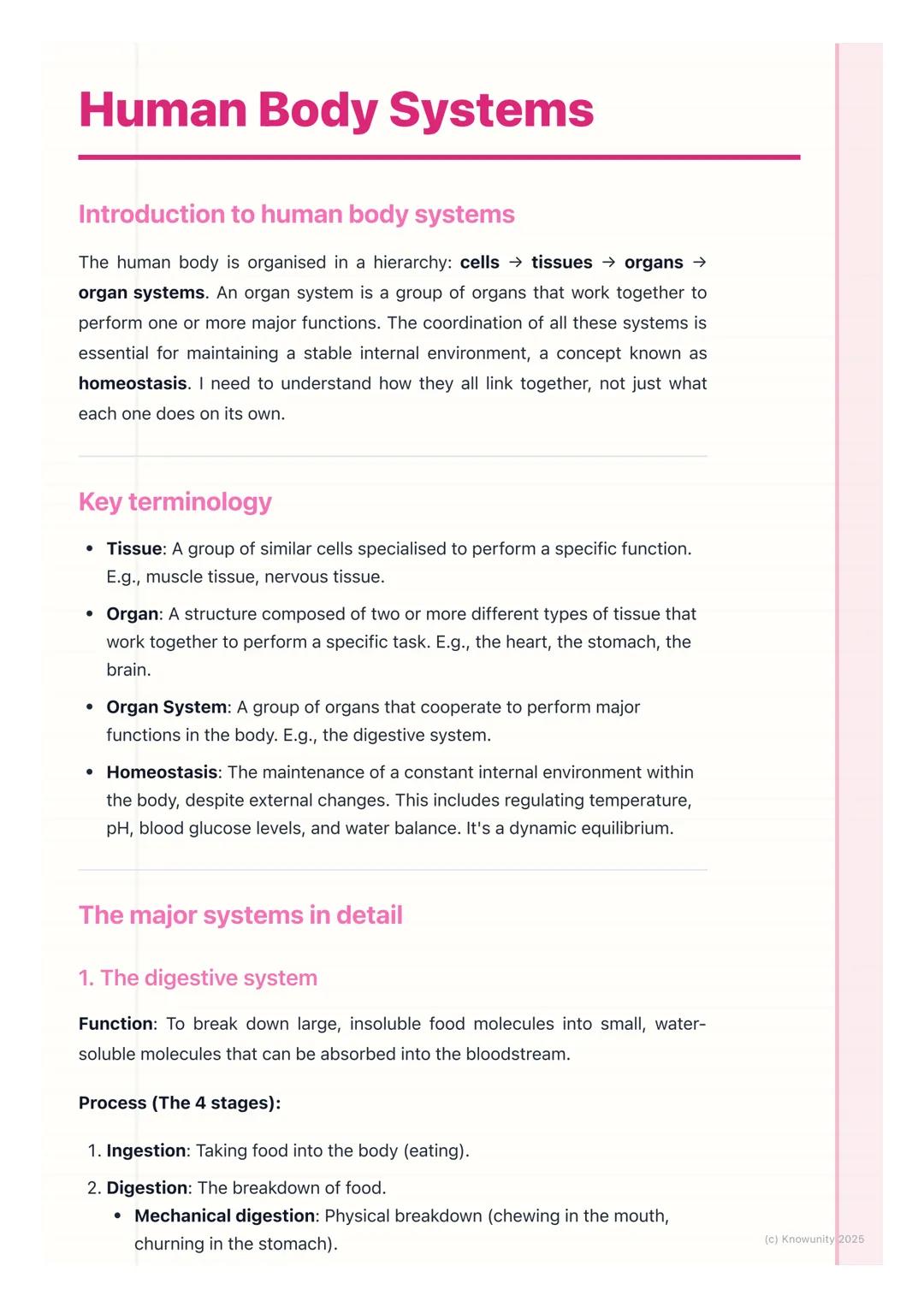 # Human Body Systems
Introduction to human body systems
The human body is organised in a hierarchy: cells $\rightarrow$ tissues $\rightarr
